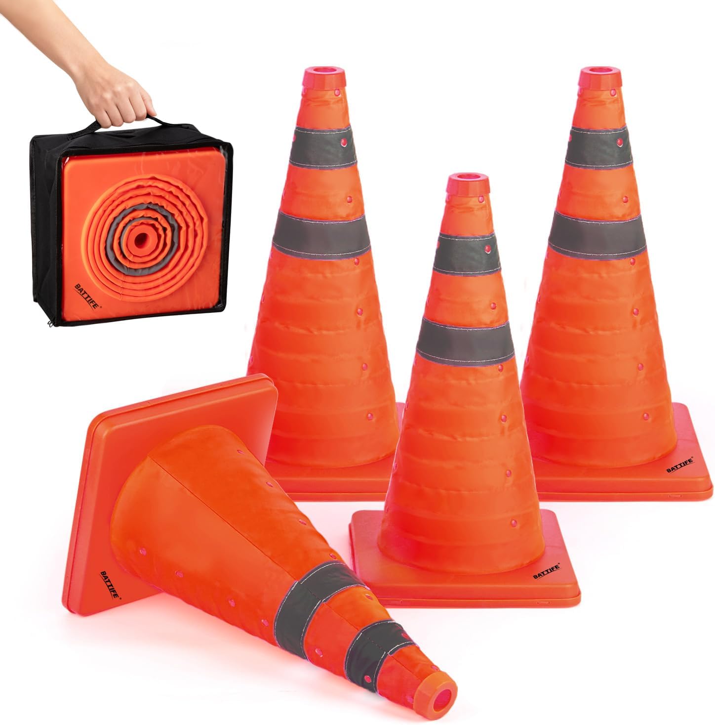 BATTIFE [4 Pack] 18 Inch Collapsible Traffic Safety Cones, Orange Cones, Multi Purpose Pop-up Cones with Reflective Collar, for Road Parking, Driving Practice