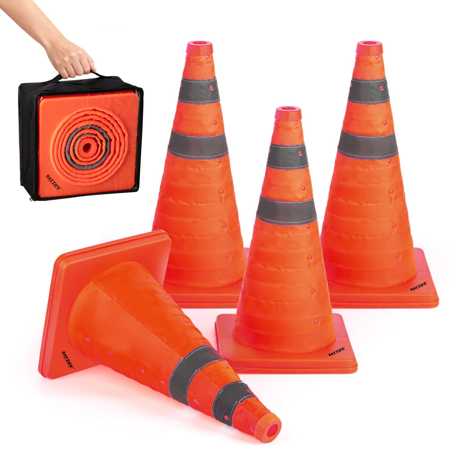 BATTIFE [4 Pack] 18 Inch Collapsible Traffic Safety Cones, Orange Cones, Multi Purpose Pop-up Cones with Reflective Collar, for Road Parking, Driving Practice