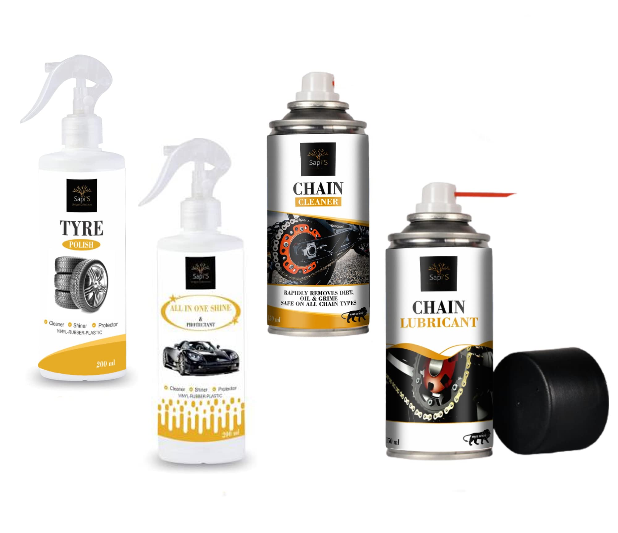 Sapi'S Bike Cleaning & Shining Combo Kit, Pack of 4 Items, Tyre Polish 200 ML, All in One Shine 200 ML, Chain Cleaner & Chain Lube 150 ML, Each one, Pack of 4-image-41