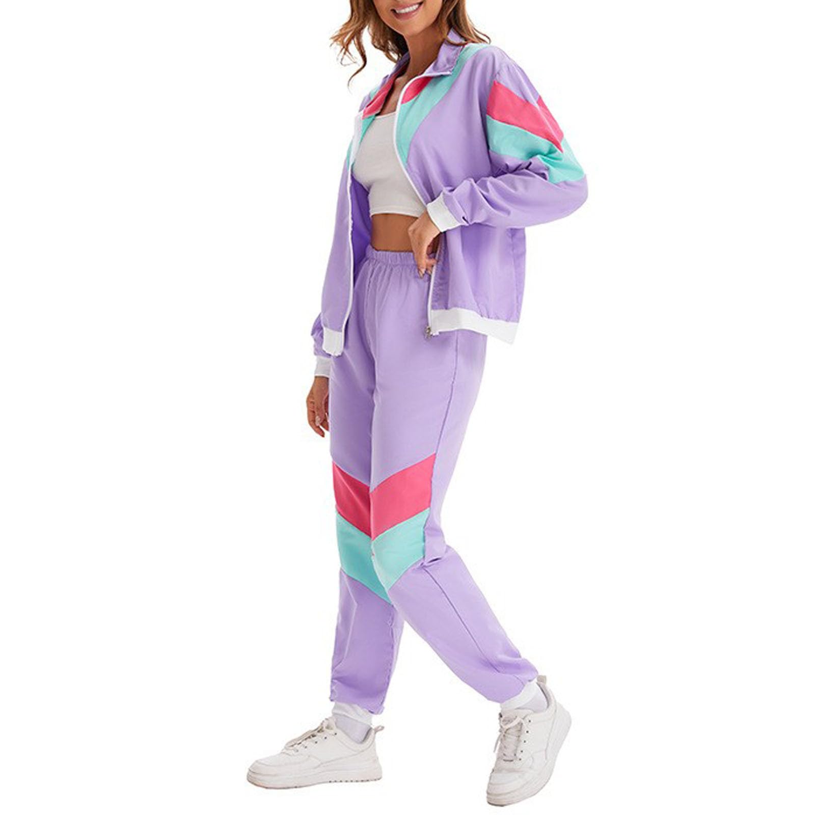 Disfraz de los años 80 para hombre y mujer, disfraz de los años 90, ropa para mujer, bloque de color, 2 piezas, manga larga, cortavientos, chaqueta, trajes, chándal, chándal para mujer para carnaval y