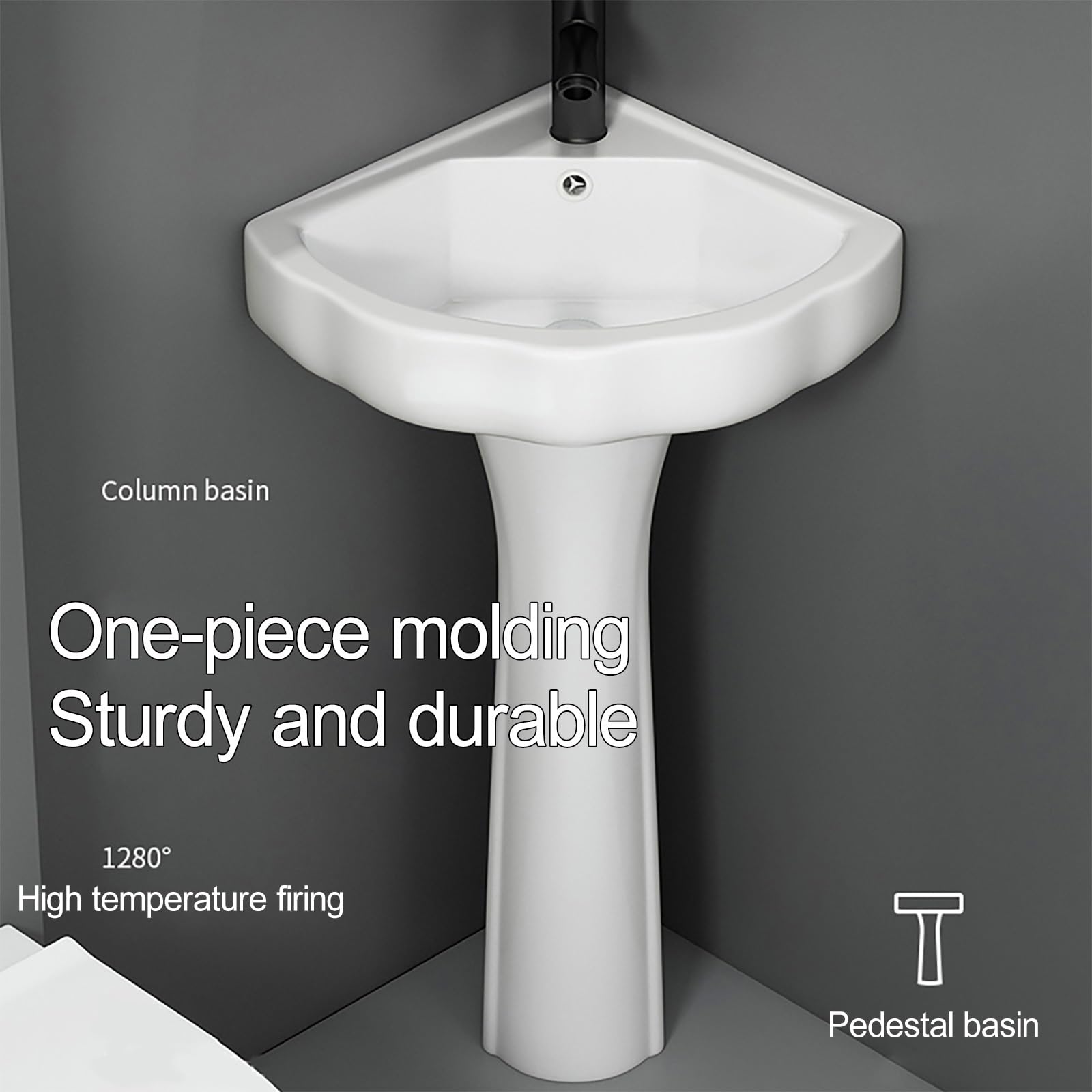 Fregadero esquinero compacto con grifo, lavabo de cerámica con desbordamiento y drenaje, perfecto para baños pequeños, diseño de ahorro de espacio, accesorio de baño moderno