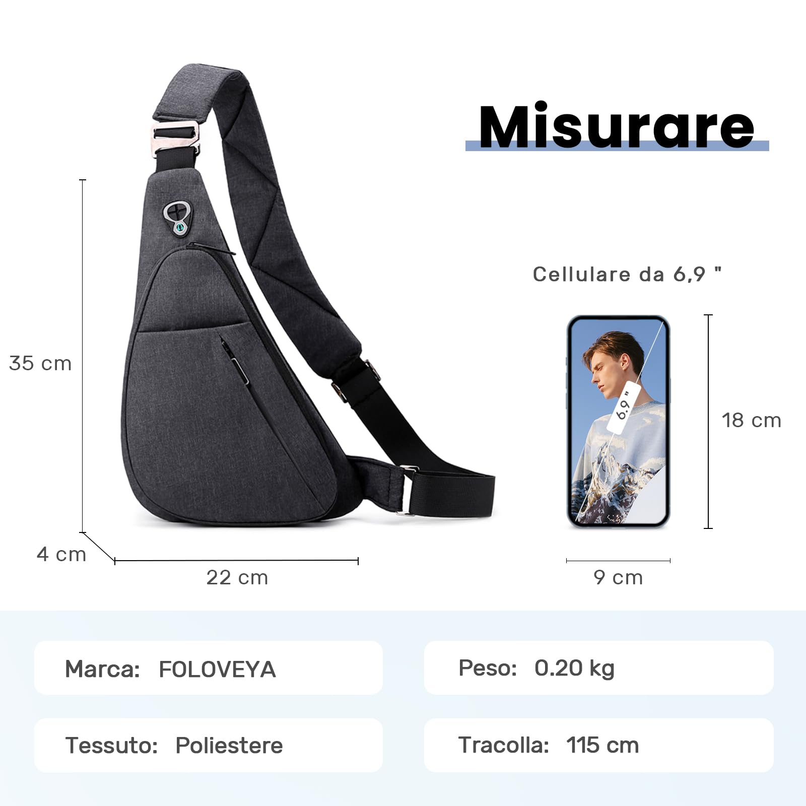 Zaino Monospalla Uomo Sling Bag Zaino a Tracolla Piccolo Borse a Spalla Borse Petto Antifurto Borsa Crossbody Sport Ciclismo Viaggio Impermeabil Poliestere Spalla Destra Nera