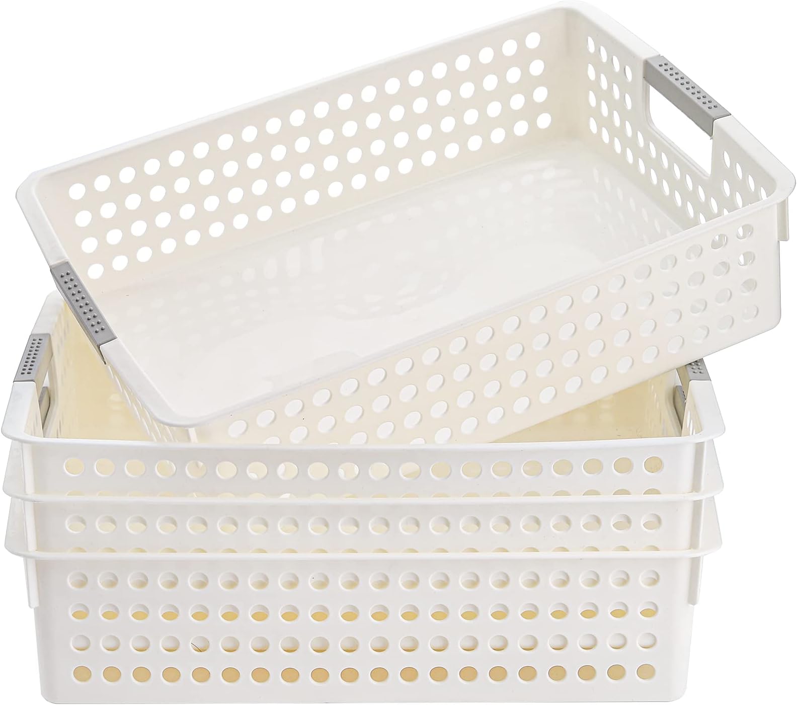 Bekith 4 Pack Plastic Storage Basket, A4 Size Plastic Storage Tray, Desktop File Organizer Baskets, 14 Inches x 10 Inches x 3.4 Inches, White