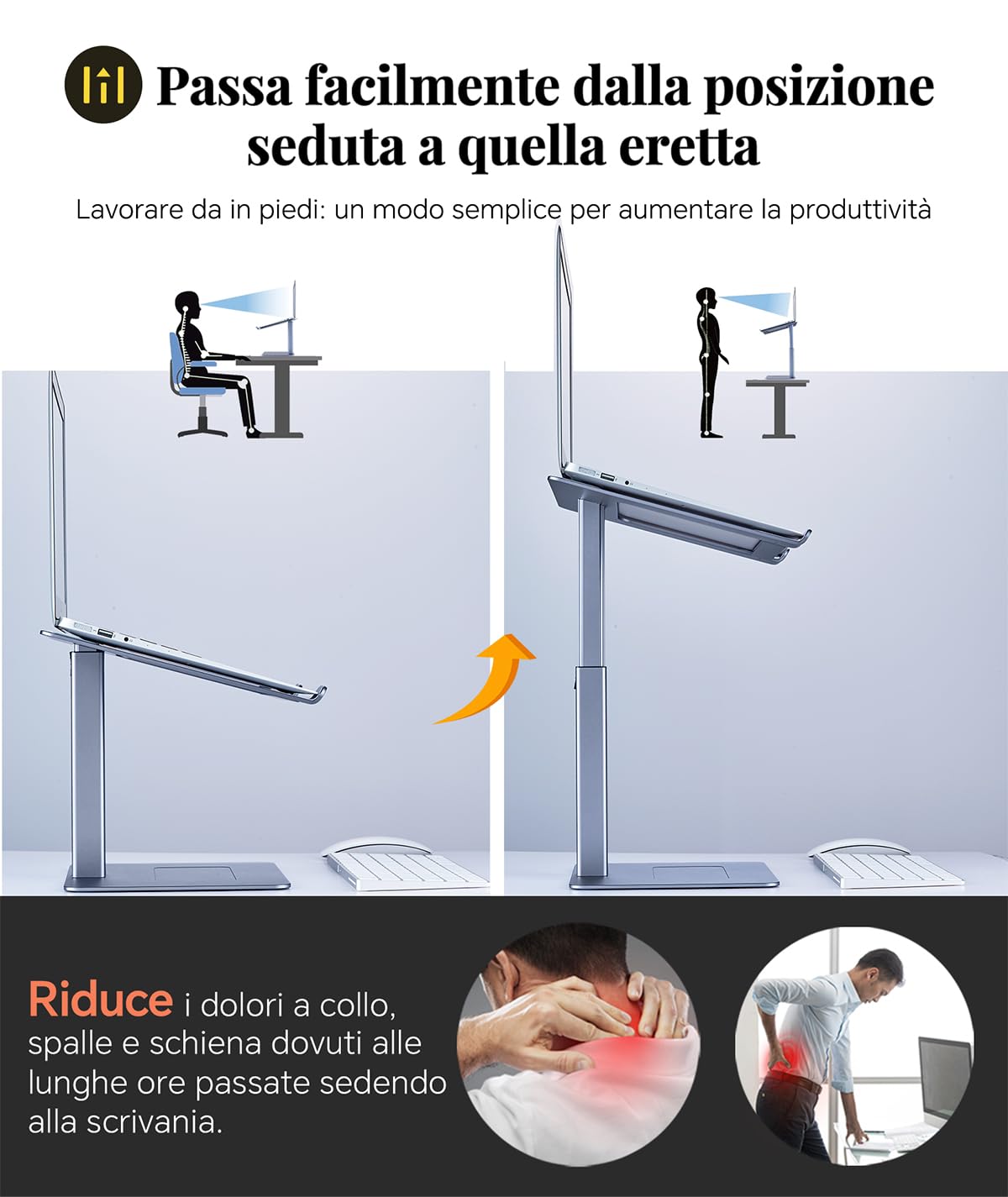 supporto pc portatile, supporto computer da seduti e in piedi, 16 livelli di altezza, standing desk converter, supporto pc dj, per portatile da 13" a 16,5", grigio