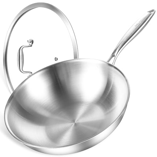DELARLO 13-Inch Stainless Steel Wok Pan with Lid