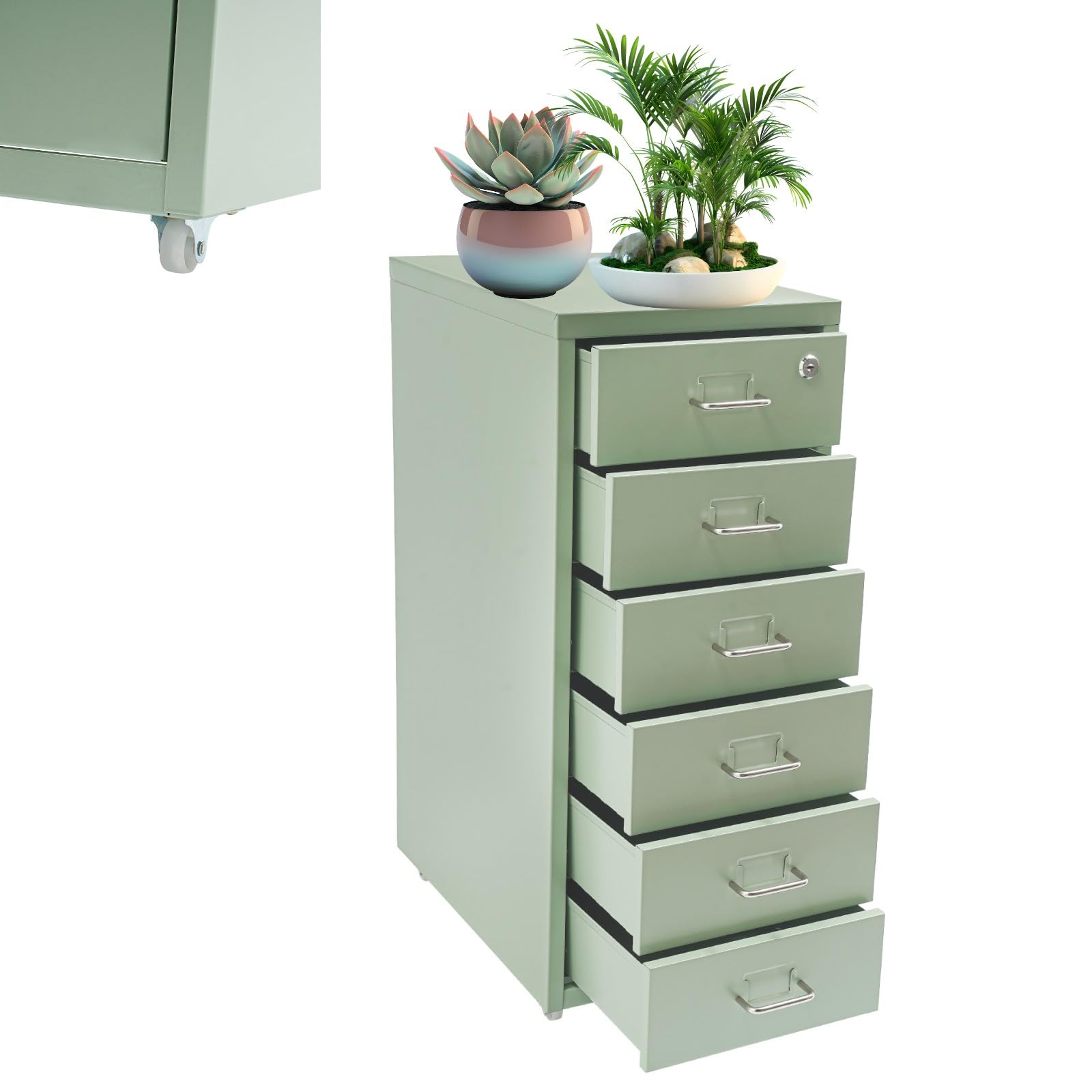 6 Drawer Vertical File Cabinet, Filing Cabinets for Home Office, Metal File Storage Cabinet with Lock &amp; Wheels, Small Locking File Cabinet with Drawers for Letter/Legal/F4/A4 (Light Green)