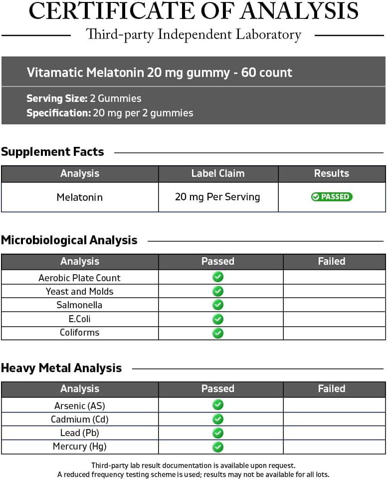 Vitamatic Melatonin 20 mg Gummies for Adults, 30 Servings - 60 Vegetarian Gummies - Non-Habit Forming Supplement