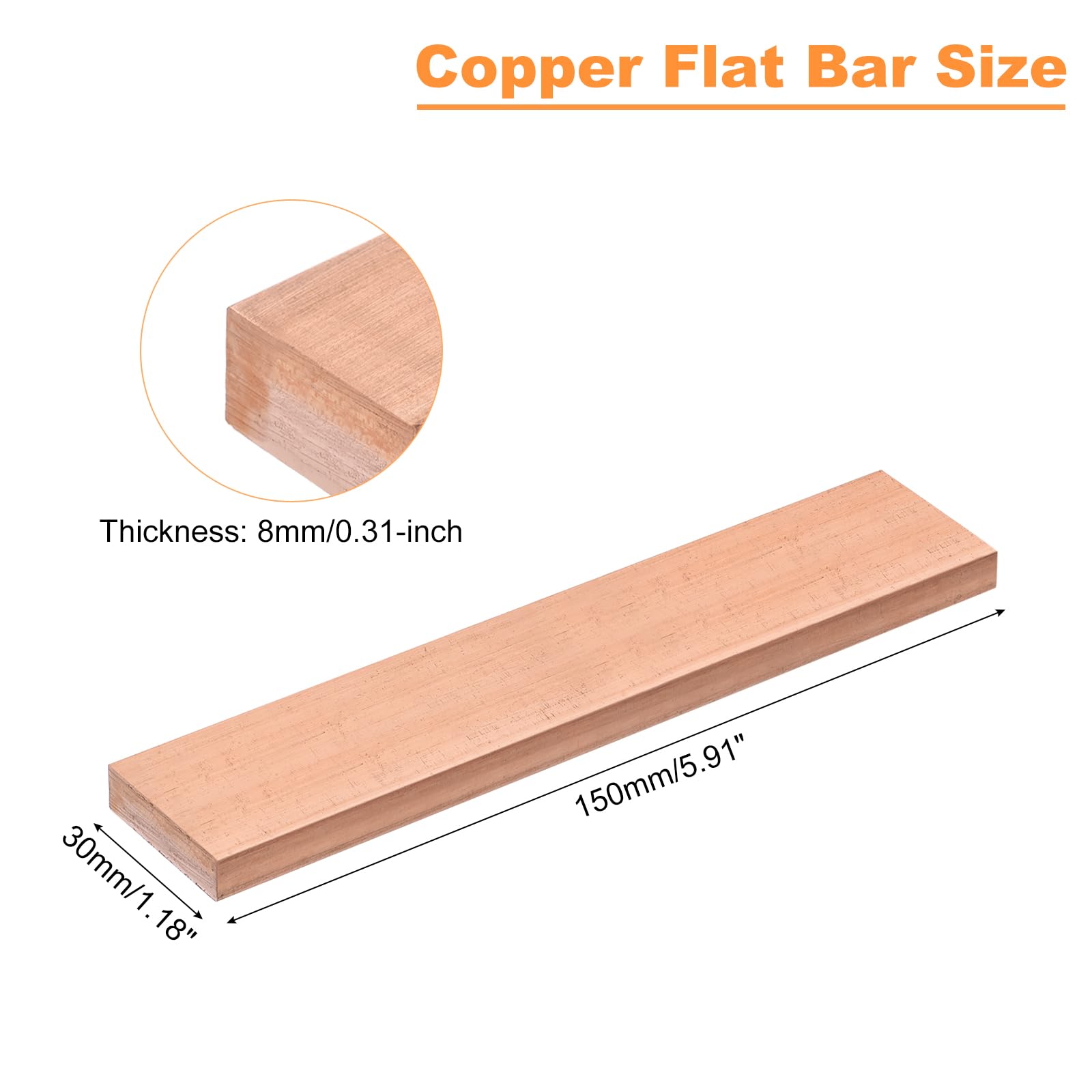 sourcing map Barre Plate en Cuivre, Épaisseur de 0,31" x Largeur de 1,18" x Longueur de 5,91", Plaque de Barre de Cuivre pour L'Électricité (8mm x 30mm x 150mm)