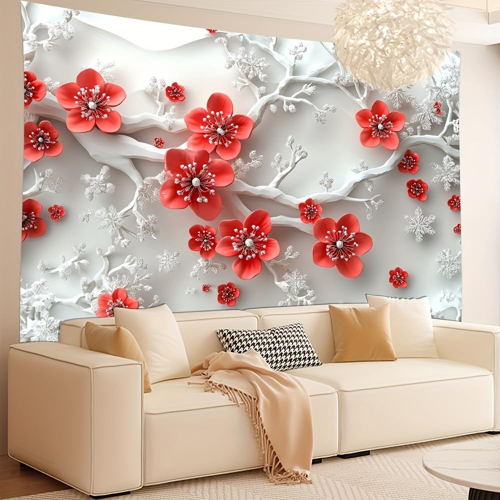 GLWDMH 200 x 180 cm styl reliefowy zimowe płatki śniegu i czerwone kwiaty śliwy gobelin, poliester wiszący na ścianie, do sypialni, biura, akademika, dekoracja na imprezę