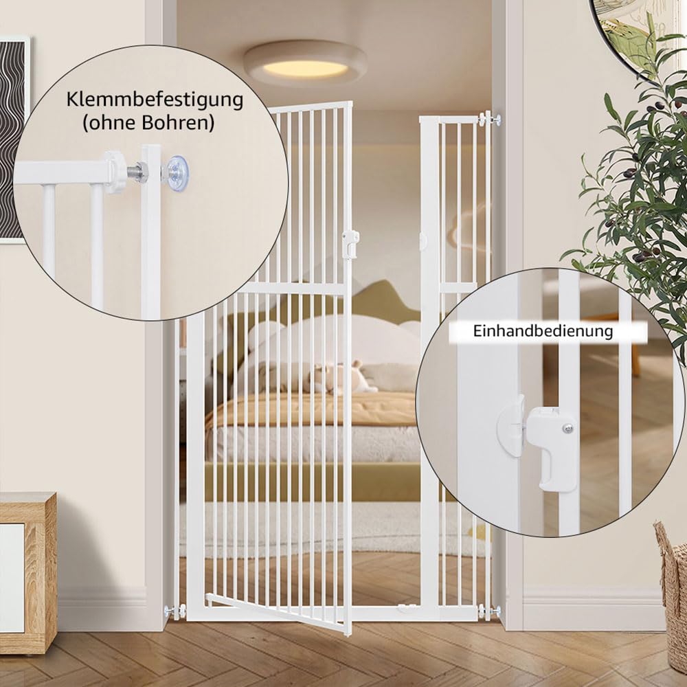 unipaws 142 cm hohes Türschutzgitter ohne Bohren – Druckmontiertes Hundegitter & Türgitter für Katzen, Treppengitter für Türrahmen und Innenbereiche, 95–105 cm breit, Weiß