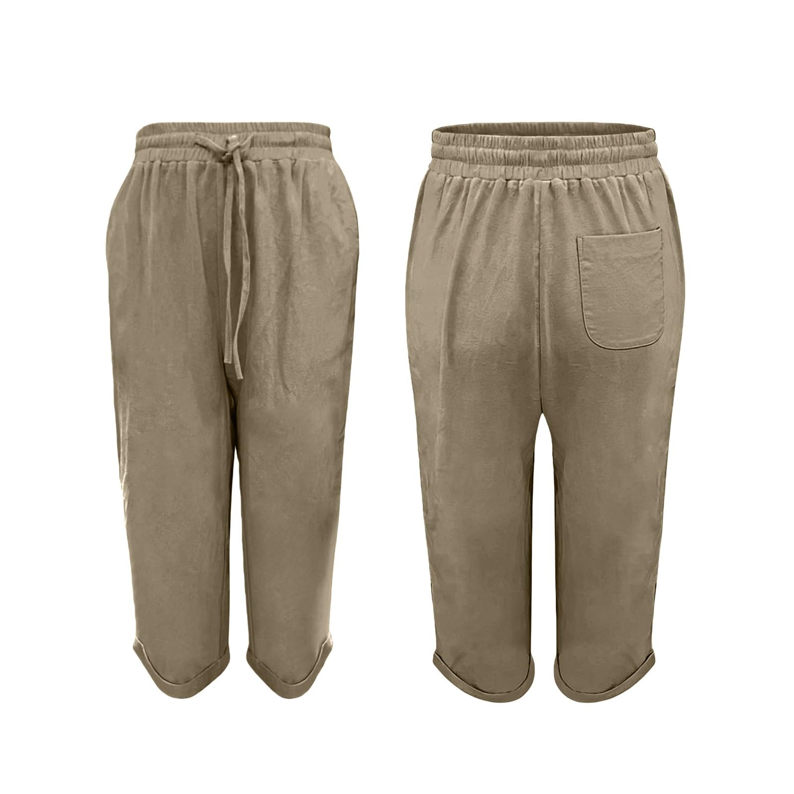 Pantaloni in Lino Donna 3/4 Curvy Pantaloncini Donna Estivi Cotone e Lino Leggeri Vita Alta con Coulisse ed Elastico Shorts Bermuda Larghi Eleganti Casual con Tasche per Spiaggia Sport e Tempo Libero