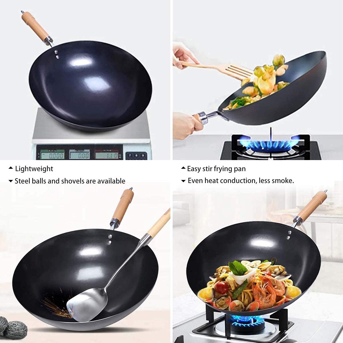 Wok e padelle antiaderenti, Wok in Ferro con Pala in Ferro, Padella Wok a Fondo Tondo Padella Antiaderente con Manico ergonomico, per Cucina Asiatica da Parte di cucine, 38 cm/ 15 Pollici ()