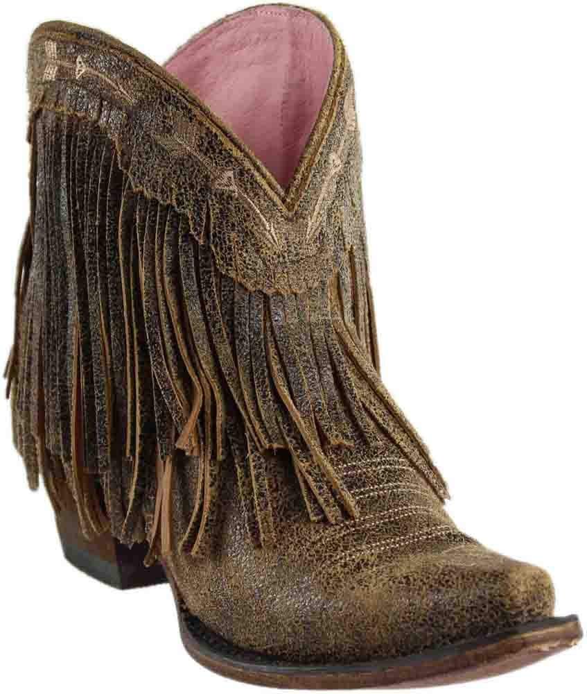 Junk GypsyWomen's by Lane Spitfire Mustard Fringe Booties Snip Toe Tan 6 M