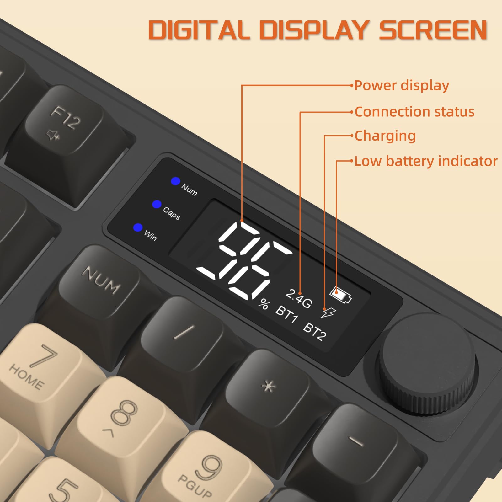 FREEWOLF M96 Tastiera Da Gioco Wireless, Controllo Tramite Manopola Bluetooth/Tastiera Wireless 2.4G, Retroilluminazione a LED RGB con Schermo, Copritasto PBT, 3000mAh, Layout USA QWERTY - Luccichio
