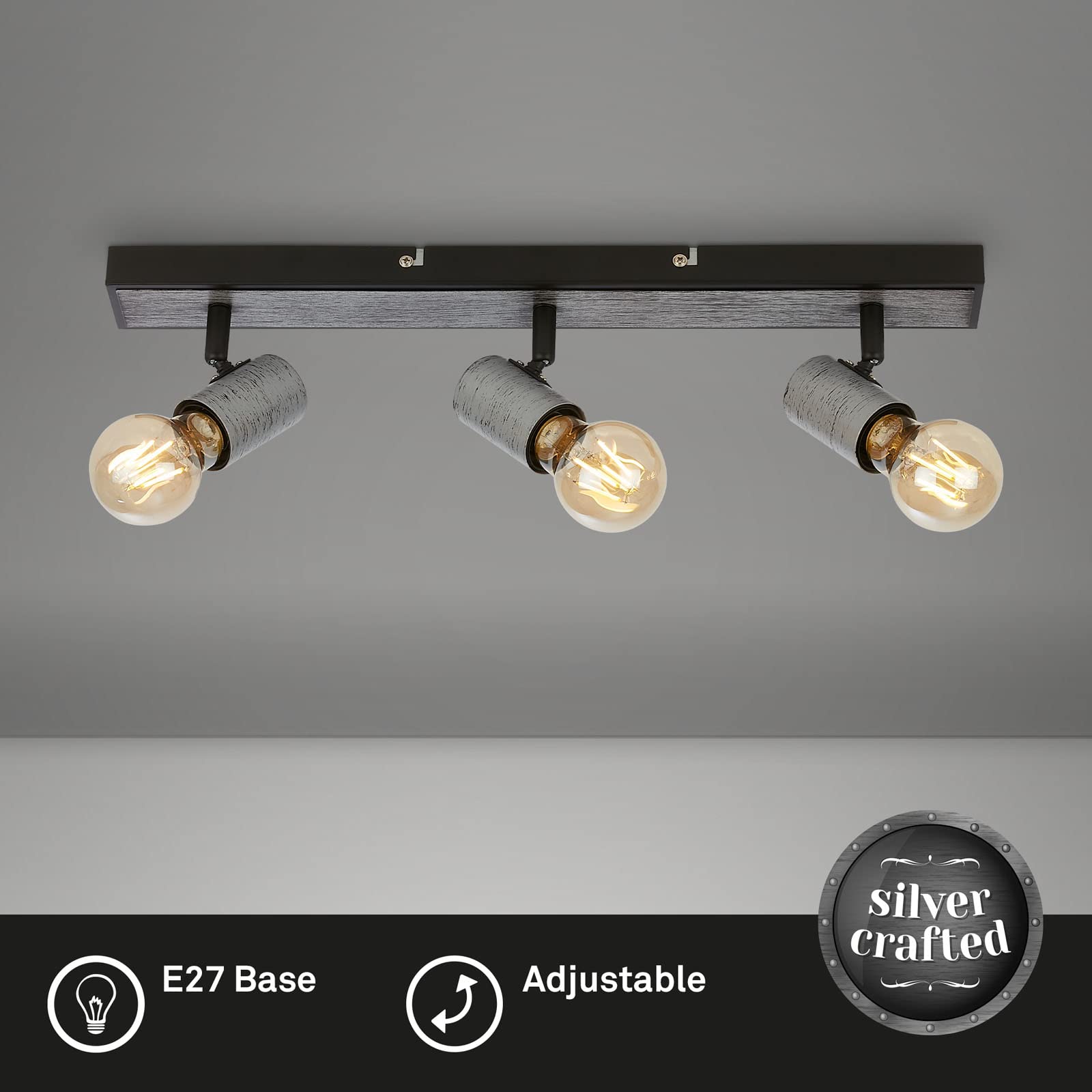 BRILONER - spot sufitowy, odchylana lampa sufitowa, lampa sufitowa, 3x oprawka E27, Silver-Crafted, 480x50x110 mm