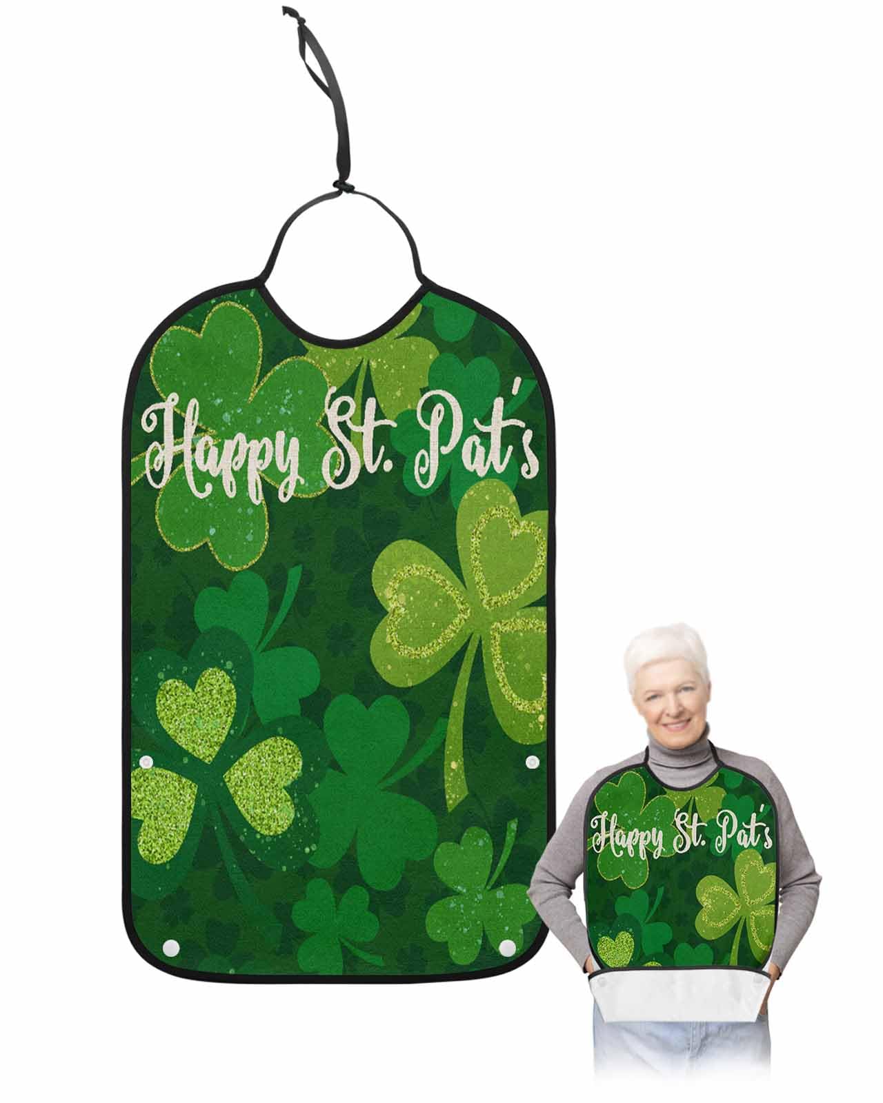 LEOKOTI St. Patrick's Day Adult Bibs for Eating, Waterproof Bibs with Food Catcher & Adjustable Snap Closure, Watercolor Green Lucky Clover Washable Clothing Protectors Adult Bibs for Elderly