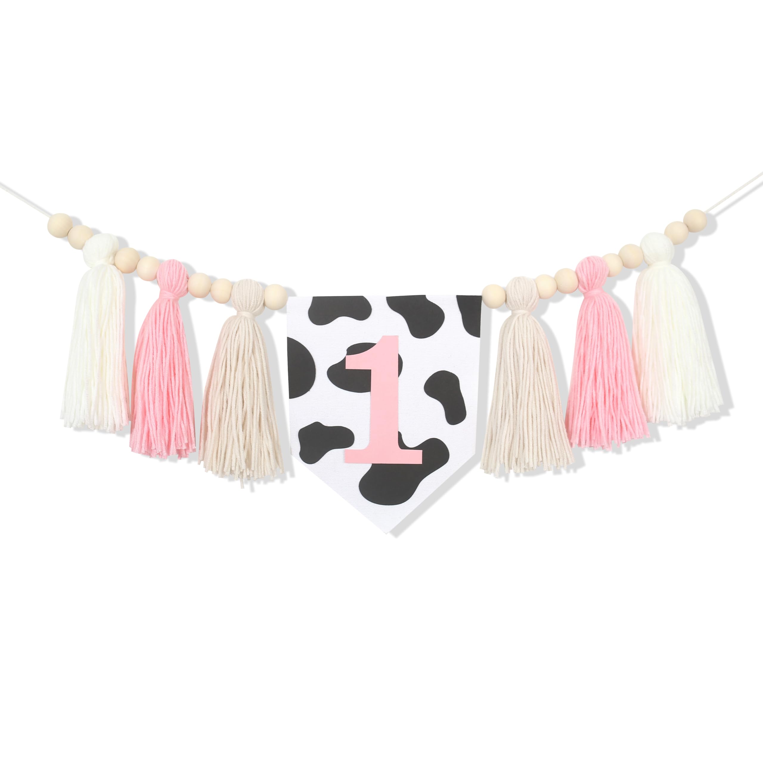 Holy Cow 1st Tassels Banner Birthday Decorations Girl - First Highchair Tassels Banner, High Chair Wood Beads Garland Party Supplies, Pink Black White