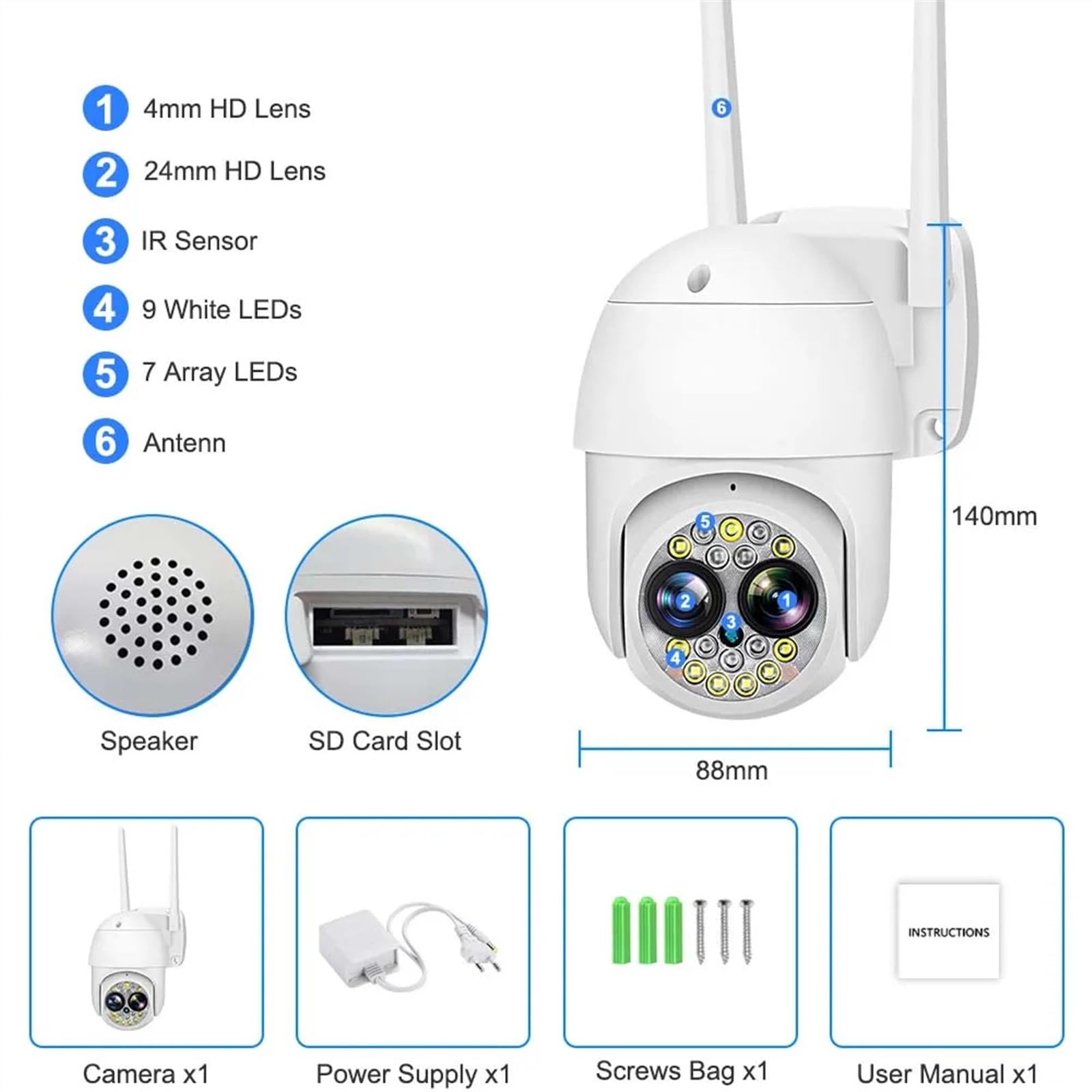 Kamera bezpieczeństwa, Kamera 4MP 2K zewnętrzna bezprzewodowa kamera bezpieczeństwa PTZ 12X Zoom AI wykrywanie ludzi automatyczne śledzenie CCTV IP nadzór wideo(4MP Add 32GB Card)