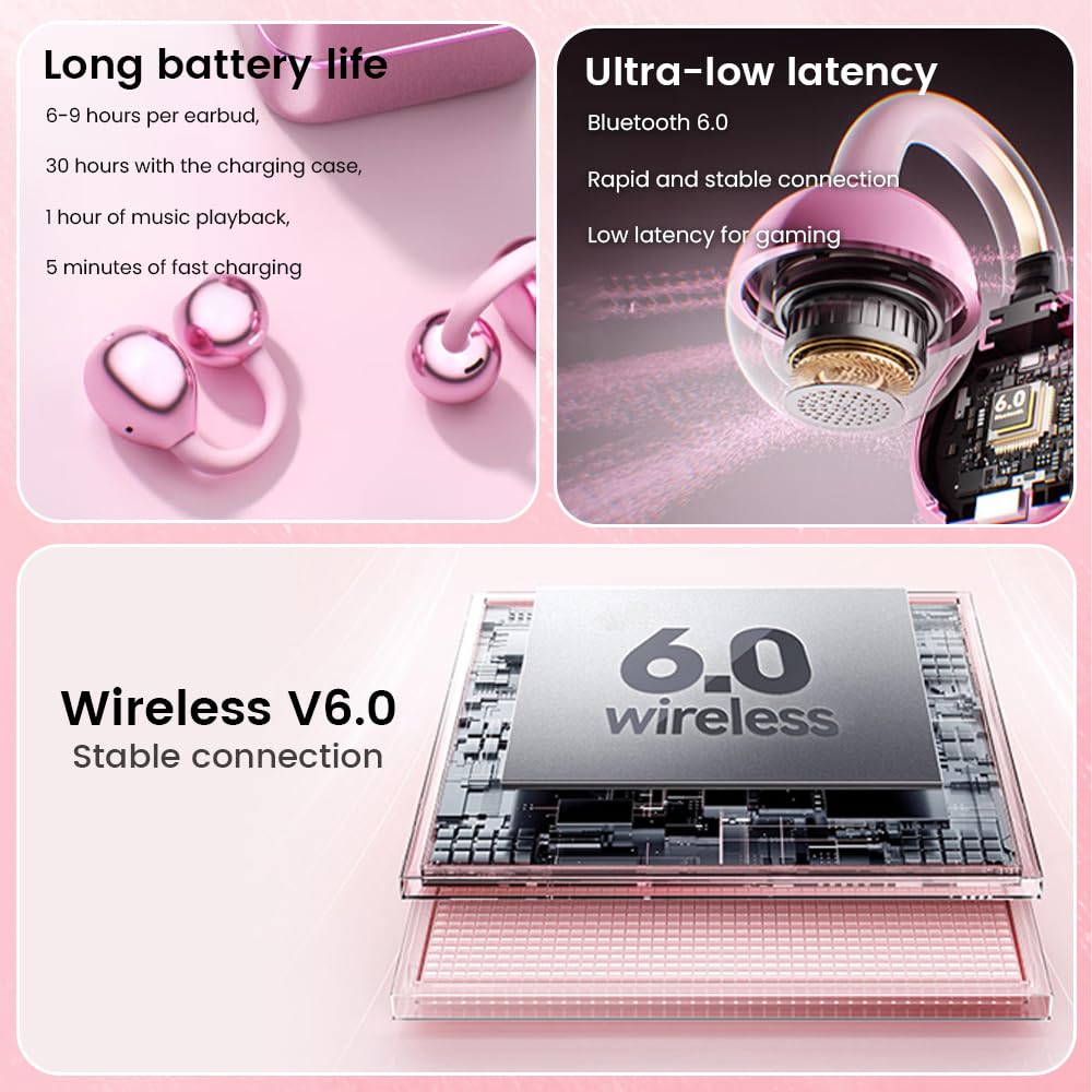 Cuffie auricolari a clip con specchio per il trucco, auricolari aperti senza fili Bluetooth, sicuri e non cadono, durata della batteria ultra lunga, per telefoni Android/iOS (oro rosa)