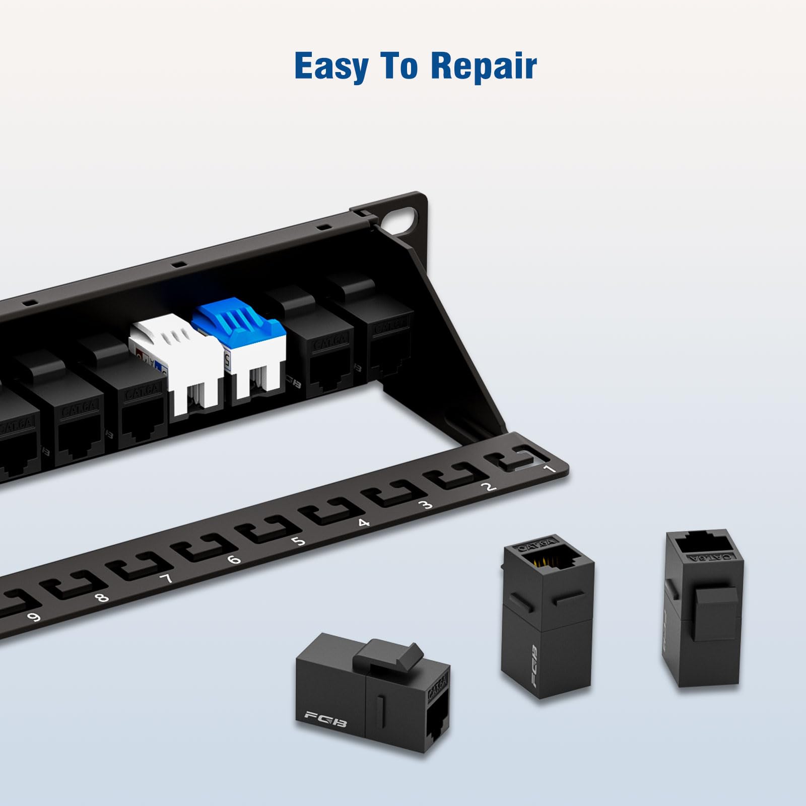 FGB Patch Panel da 10 Gbps a 24 porte, Patch Panel Cat6A 1U, montaggio a rack da 19 pollici o pannello patch Keystone per montaggio a parete con barra posteriore, pannello patch di rete per cablaggio