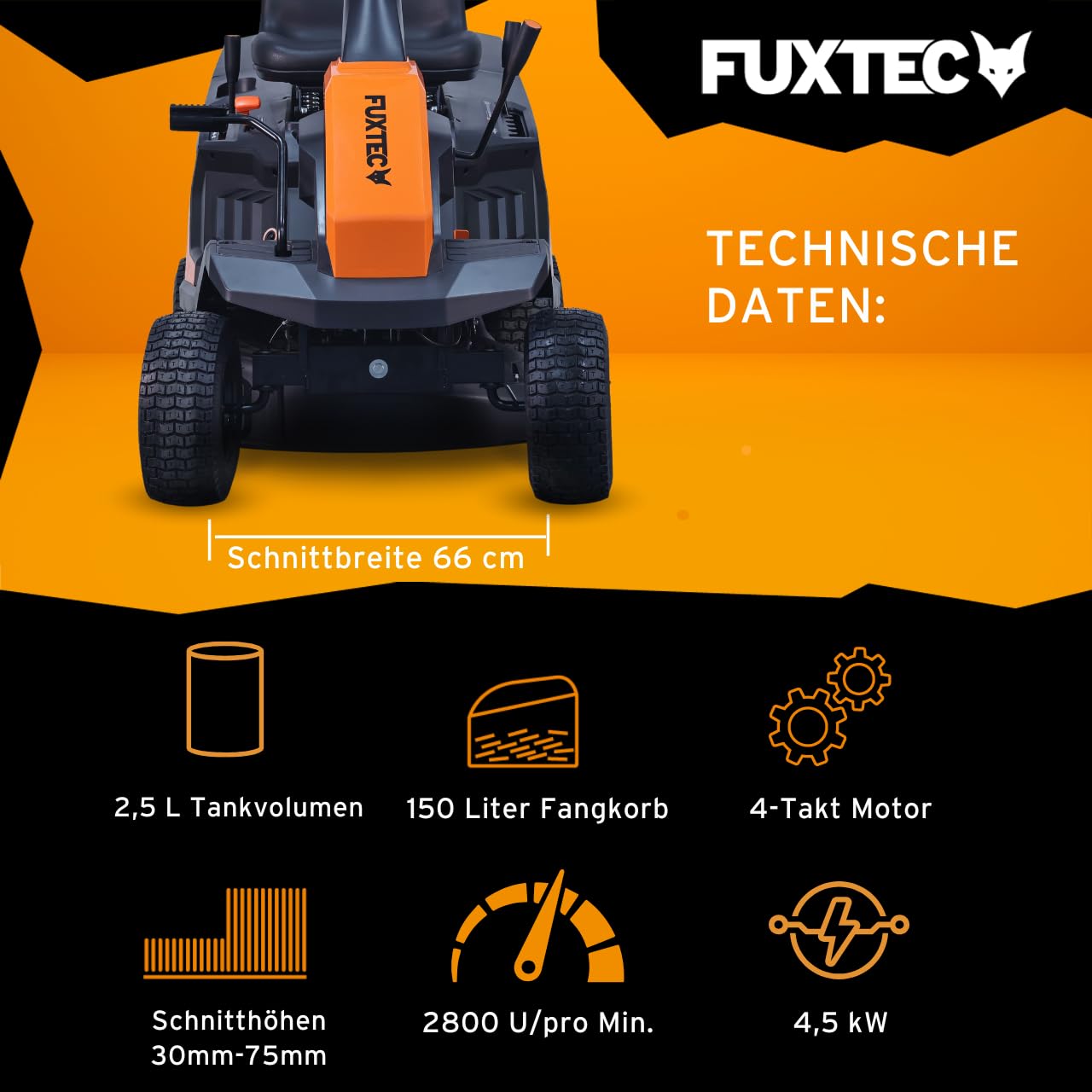 FUXTEC Aufsitzmäher FX-RMR66, Rasentraktor mit eStart, Schnittbreite 66 cm, 6PS, 150 L Fangkorb, Schnitthöhe verstellbar, für große Flächen, inkl. Trichter für Seitenauswurf