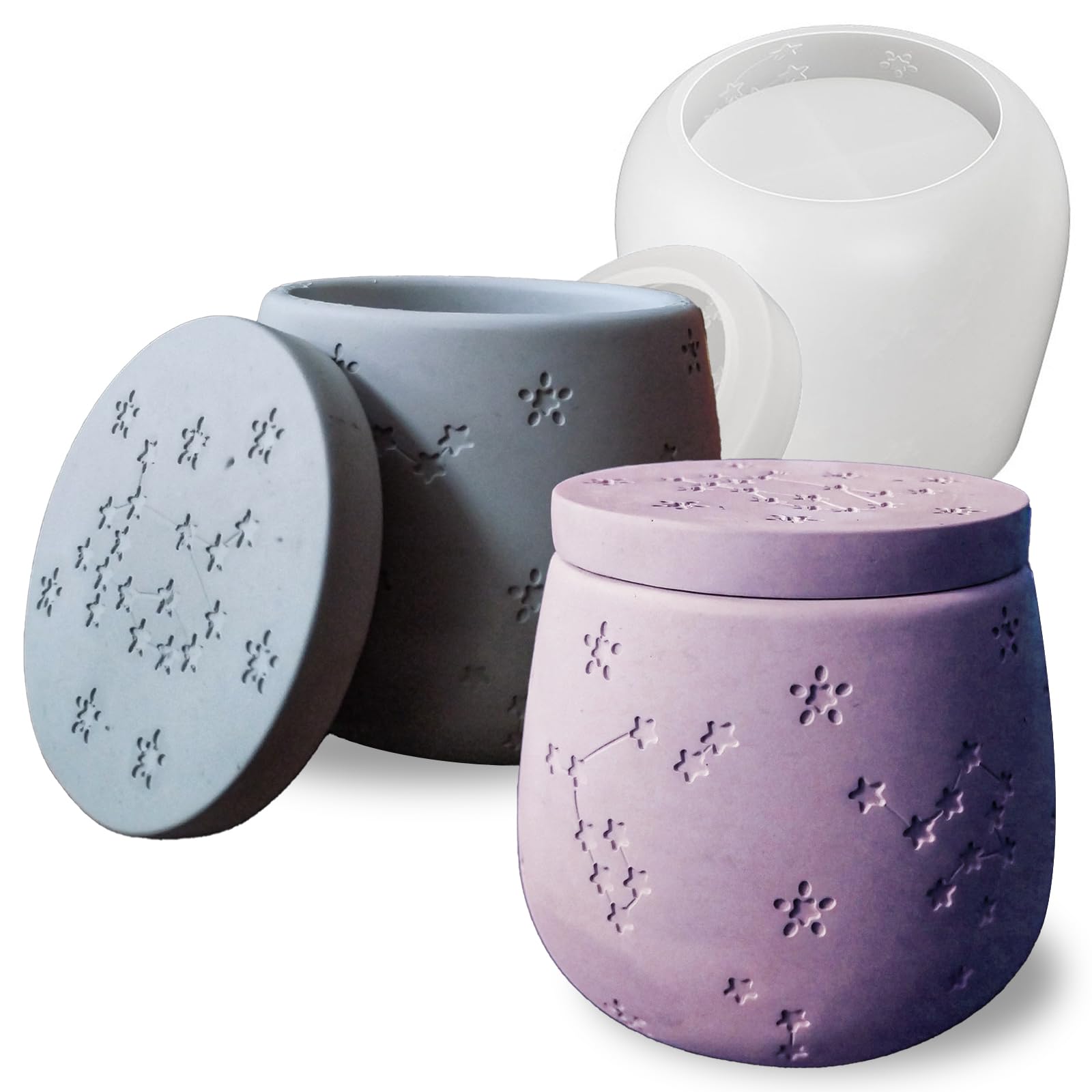 Zodiac Silicone Jar Molds with Lid, Star Design Candle Holder Container Storage Resin Concrete Molds, Constellation Box Succulent Pot Jewelry Holder Casting Mould for Decoration Crafting