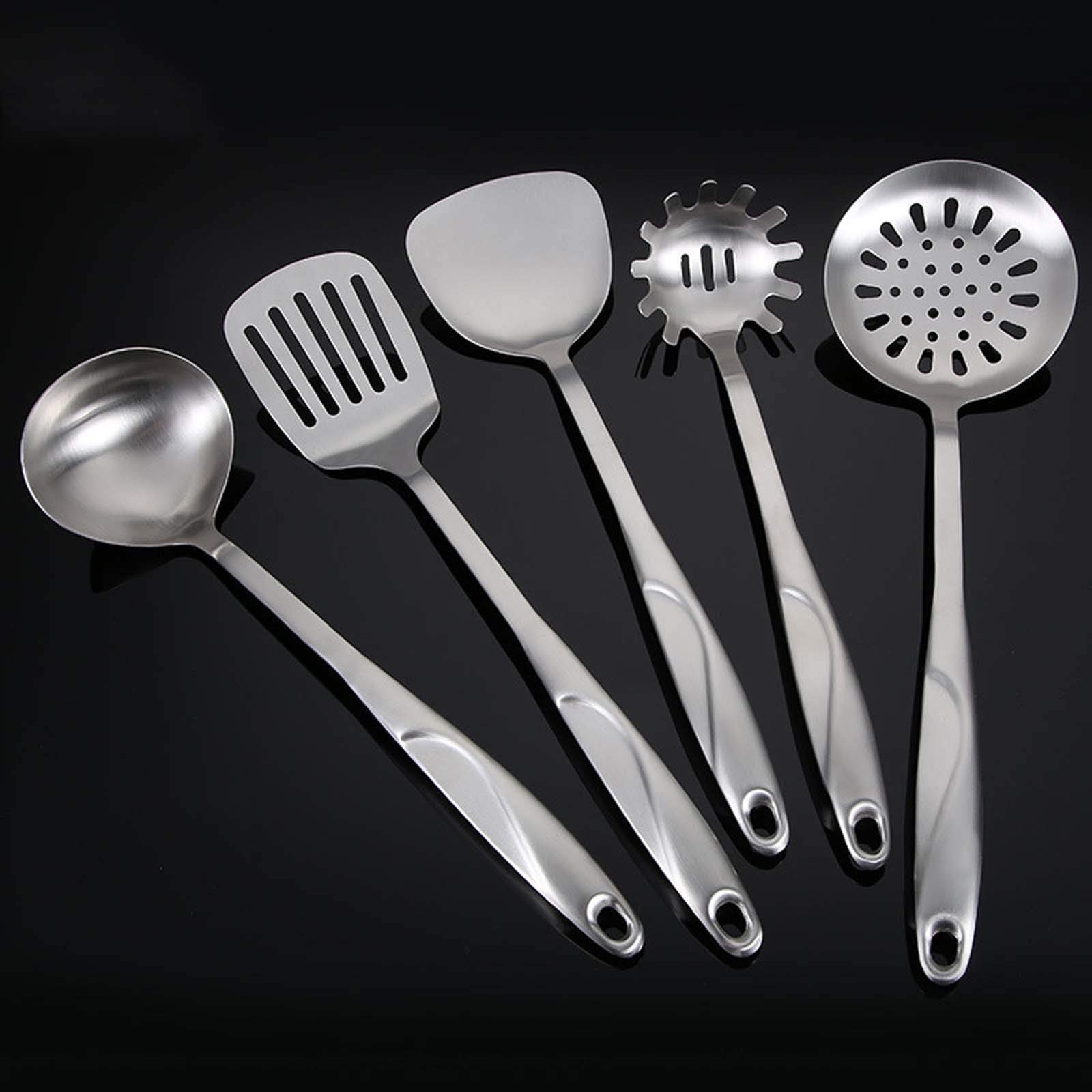 Juego de utensilios de cocina de acero inoxidable, 6 piezas, resistentes al calor, antiadherentes, con soporte, incluye cucharón largo y cucharas para cocinar de forma versátil