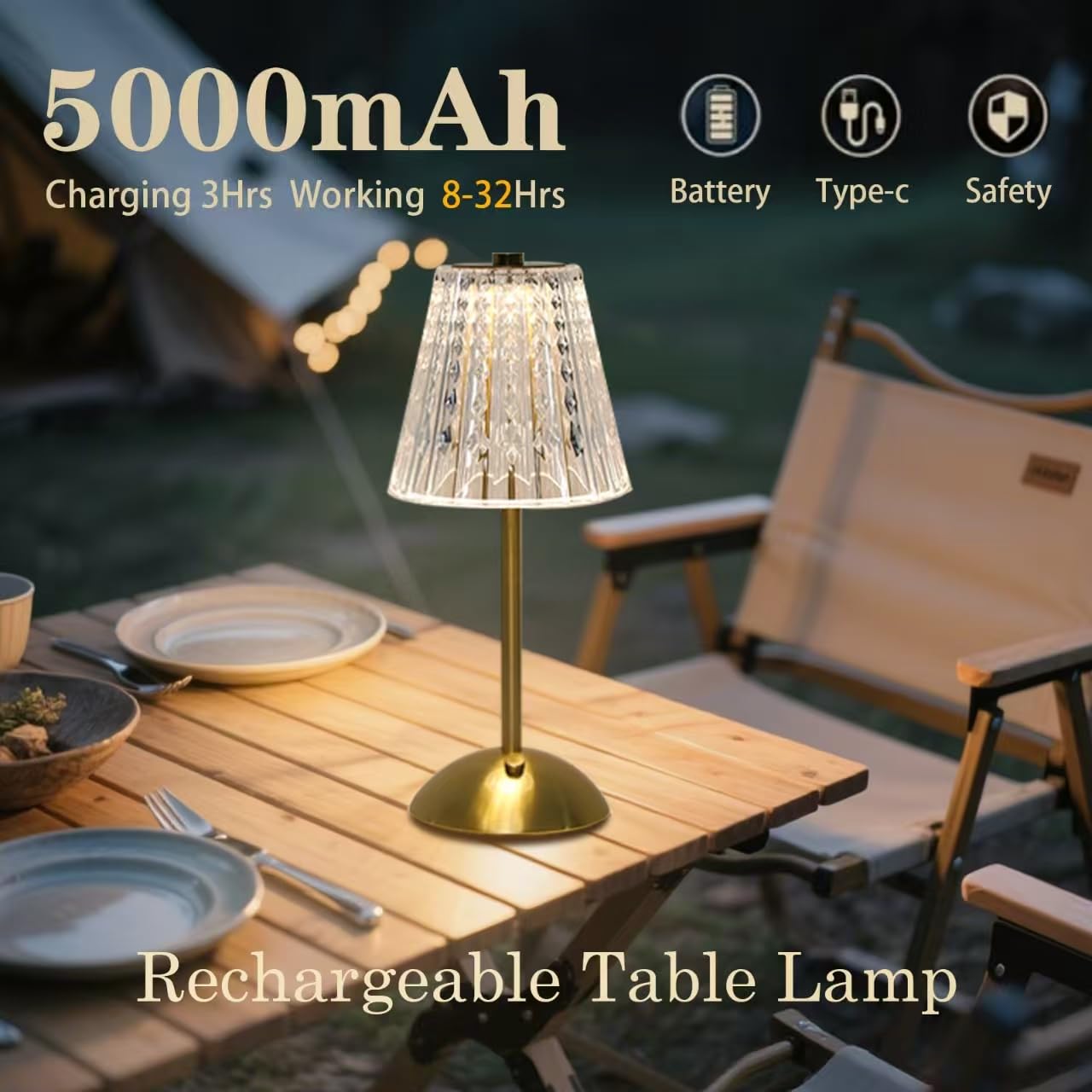 Lámpara de mesa de cristal, lámpara de batería recargable de 5000 mAh con control táctil, 3 temperaturas de color, brillo regulable, luz de aluminio mate para dormitorio, bar, cocina, exterior 5