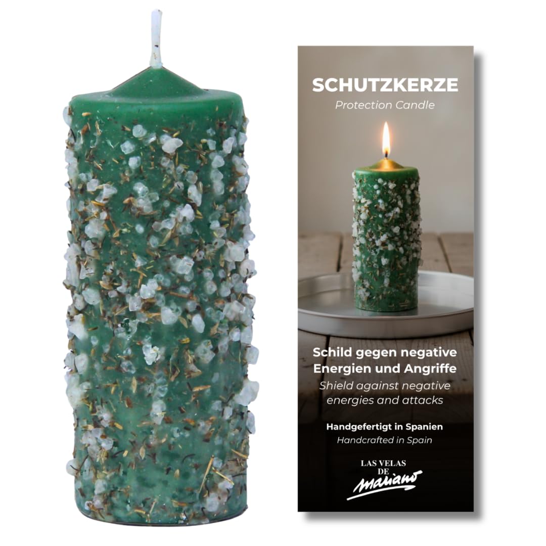 Schutzkerze mit Salz und Harzen – Esoterische handgefertigte grüne Kerze, 5,5 x 14 cm – Energiereinigung und gegen schlechte Energien – Ritualisiert und 100 % natürlich – Marianenkerzen