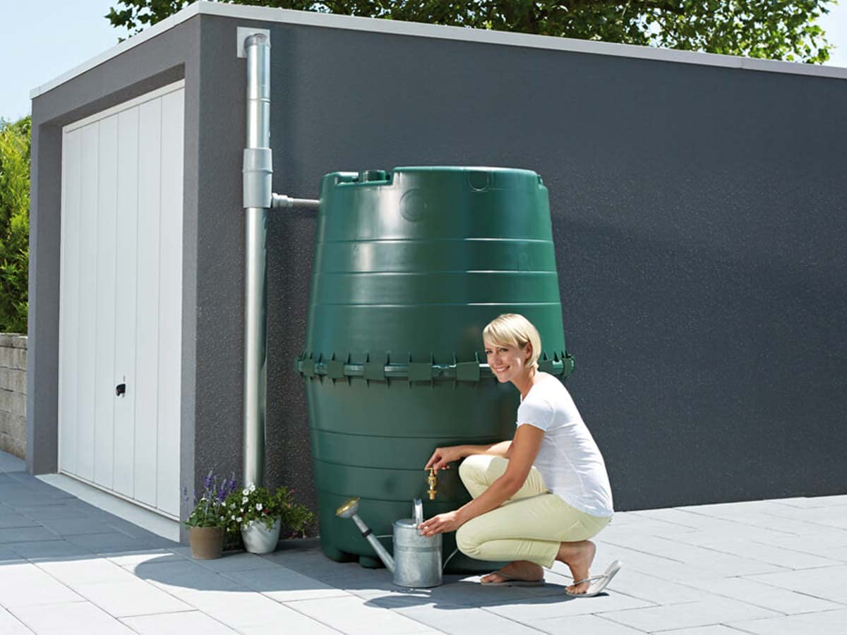 GARANTIA Top-Tank Kit Recuperateur d Eau de Pluie 1300L Vert | Ensemble Robinet Laiton, collecteur Eco de Luxe Gris, Reservoir Eau