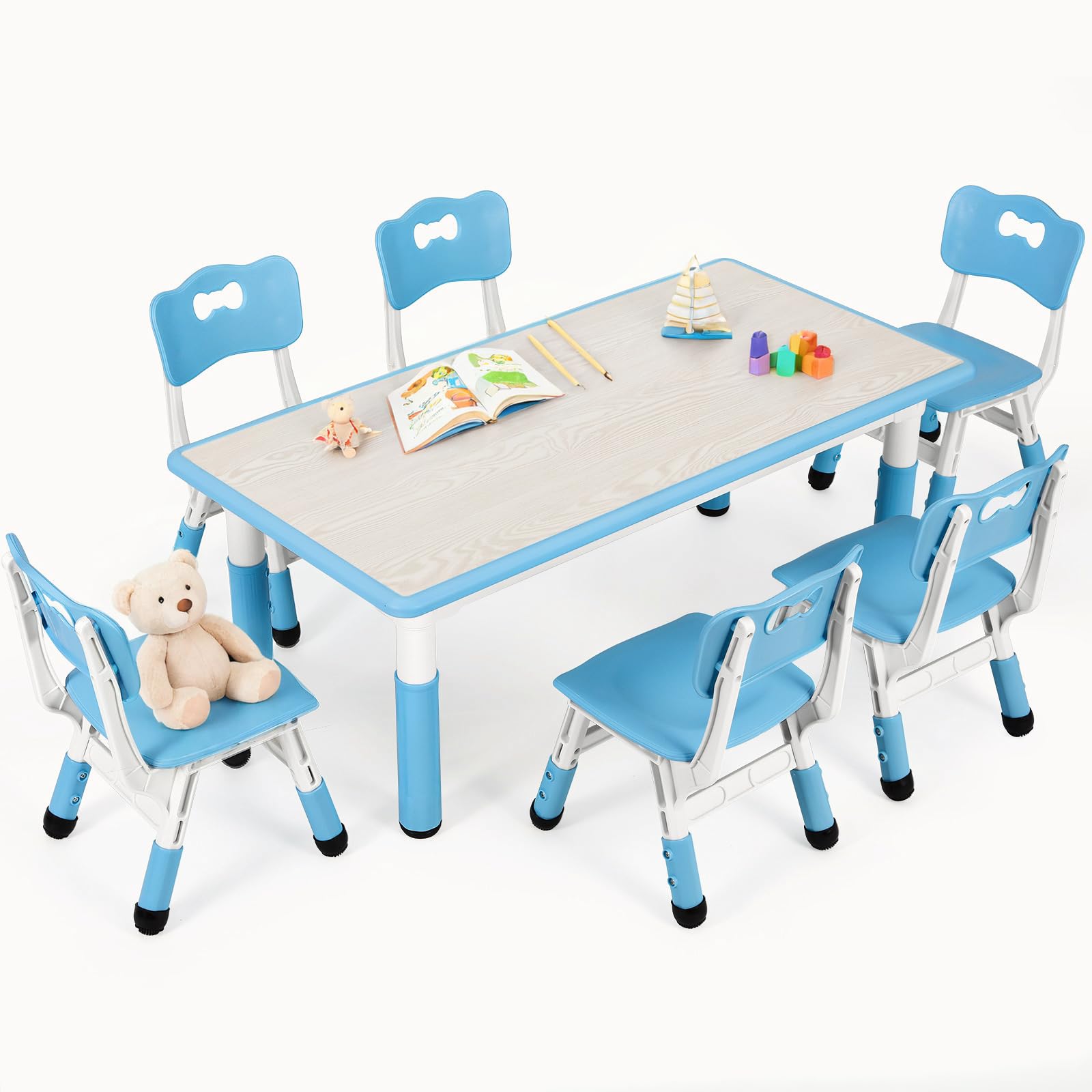 Arlopu Kids Table and 6 Chairs Set, Height Adjustable Graffiti Desk, Preschool Activity Art Craft Table, for Daycare Classroom Home Boys and Girls Age 3-12 (Blue)