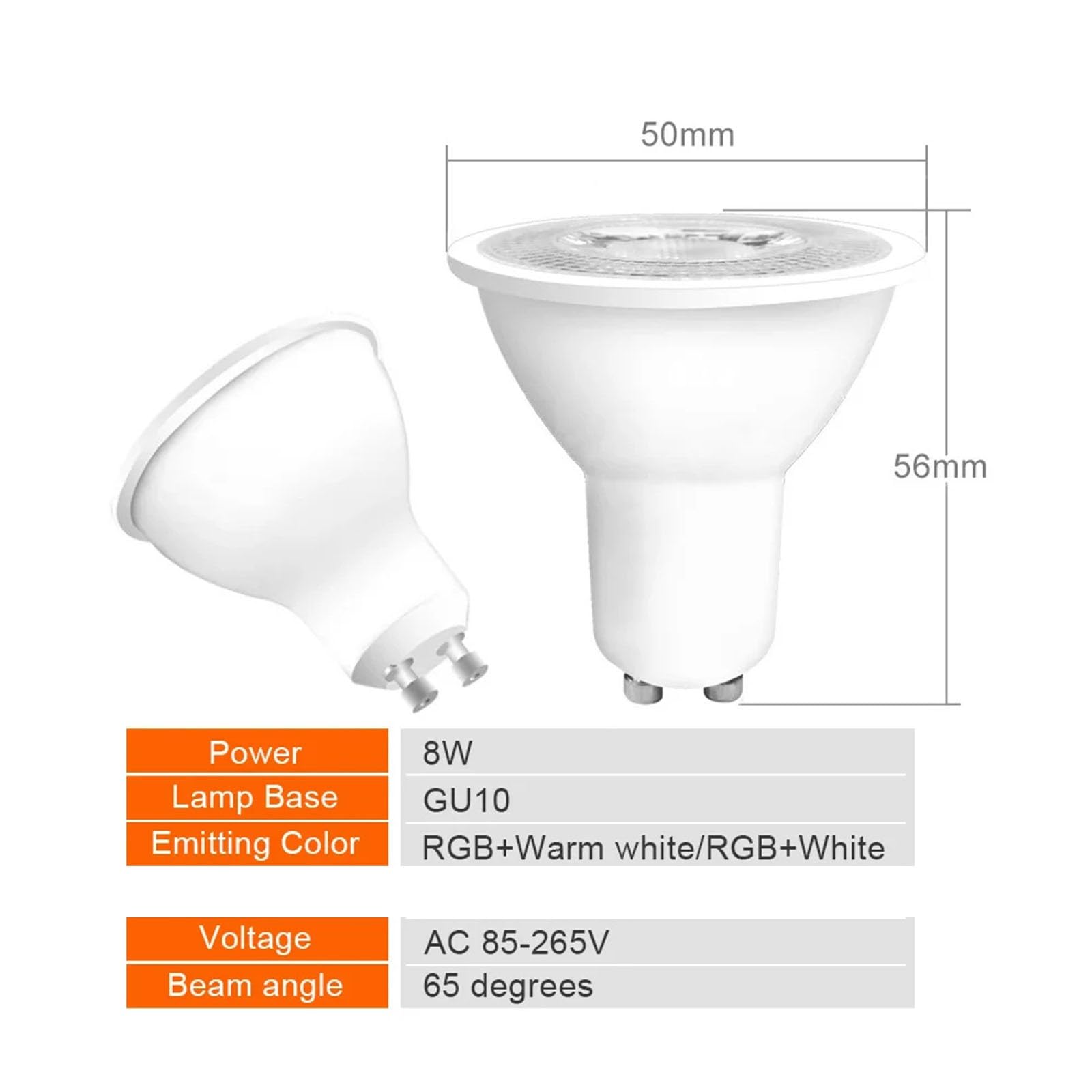 Générique Ampoule LED GU10 8 W, projecteur à intensité Variable, RGB, 16 Couleurs, décoration d'intérieur, AC85-265 V, RGBW, RGBWW, avec télécommande IR (RGB Blanc).