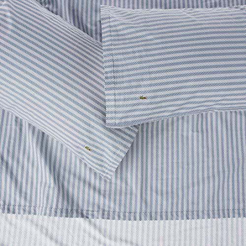 Image of Lacoste 100% Cotton Percale Sheet Set, Herringbone Print, Vintage Indigo, King