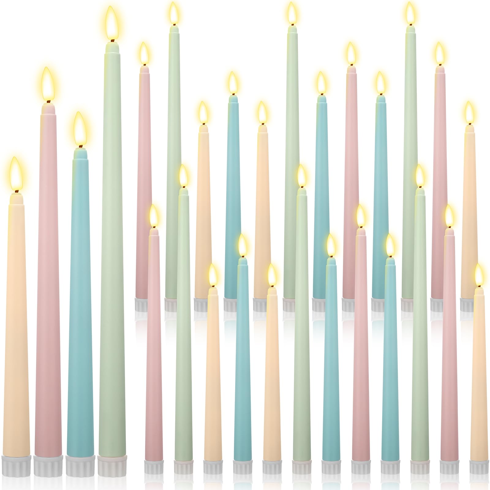 Rossesay 24 Pcs Flameless LED Taper Candles Battery Operated Candle 8.5", 9.65", 10.8", 12.8" Flameless Candlesticks Flickering for Christmas Church Wedding Indoor Decoration(Classic, Multicolored)