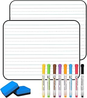 DumanAsen 2 Pack Dry Erase Ruled Whiteboard, A4 Size Lined Double Sided Whiteboard with 8 Color Dry Erase pens and 2 Eraser