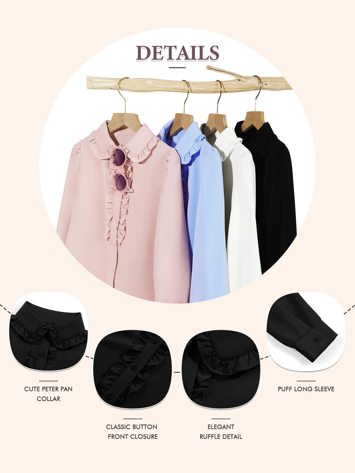 Haloumoning Camisa de manga larga abombada con cuello Peter Pan para niñas | Bonito volantes, cuello de muñeca de bebé, abotonado, blusa casual, tops de gasa suave, camisas de uniforme clásico
