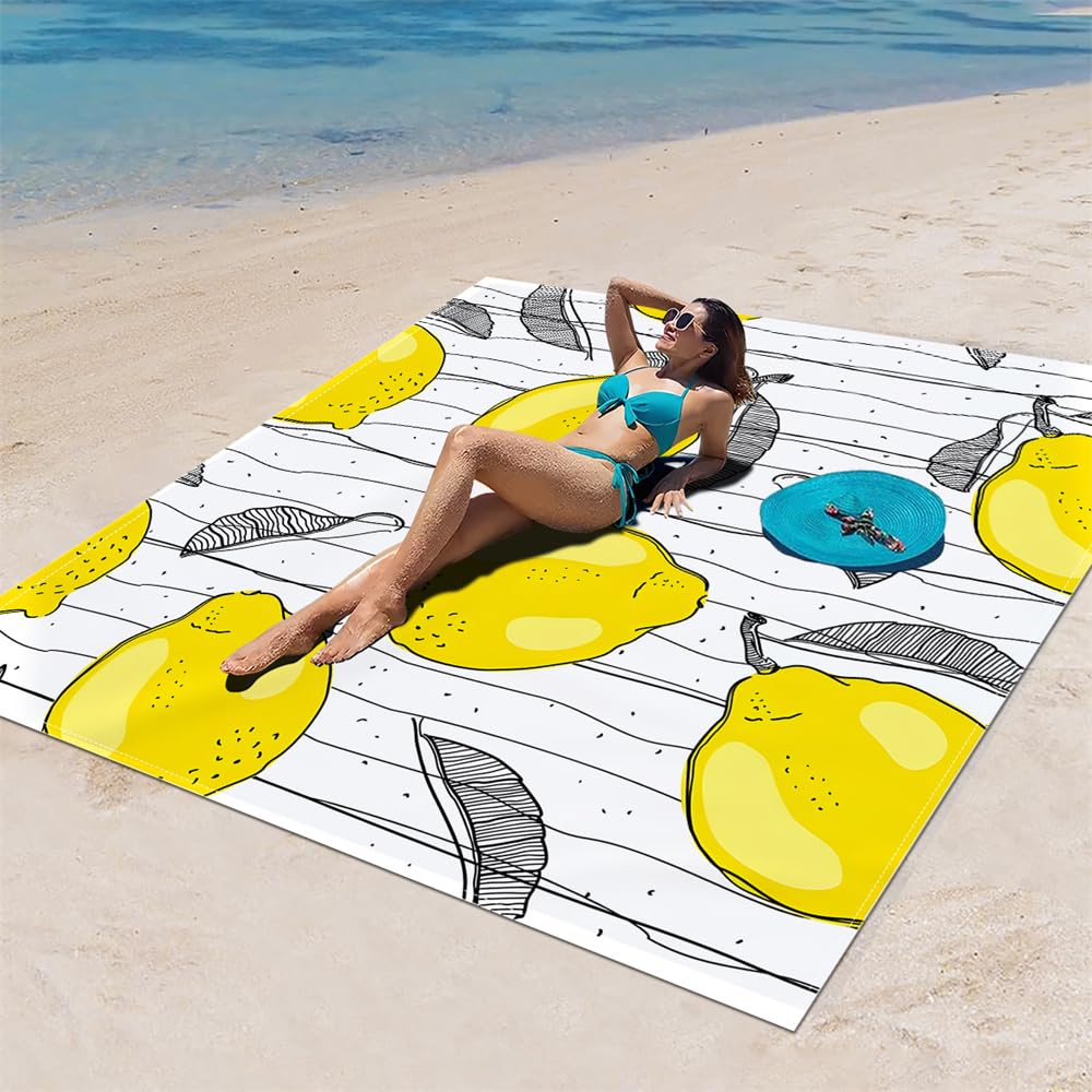 DOTBUY-SHOP Large Beach Blanket, Waterproof Picnic Blanket Portable Foldable Tent Carpet, Beach Mat with 4 Stakes, Sandproof Camping Blanket for Outdoors, Camping (Lemon,150x150cm)