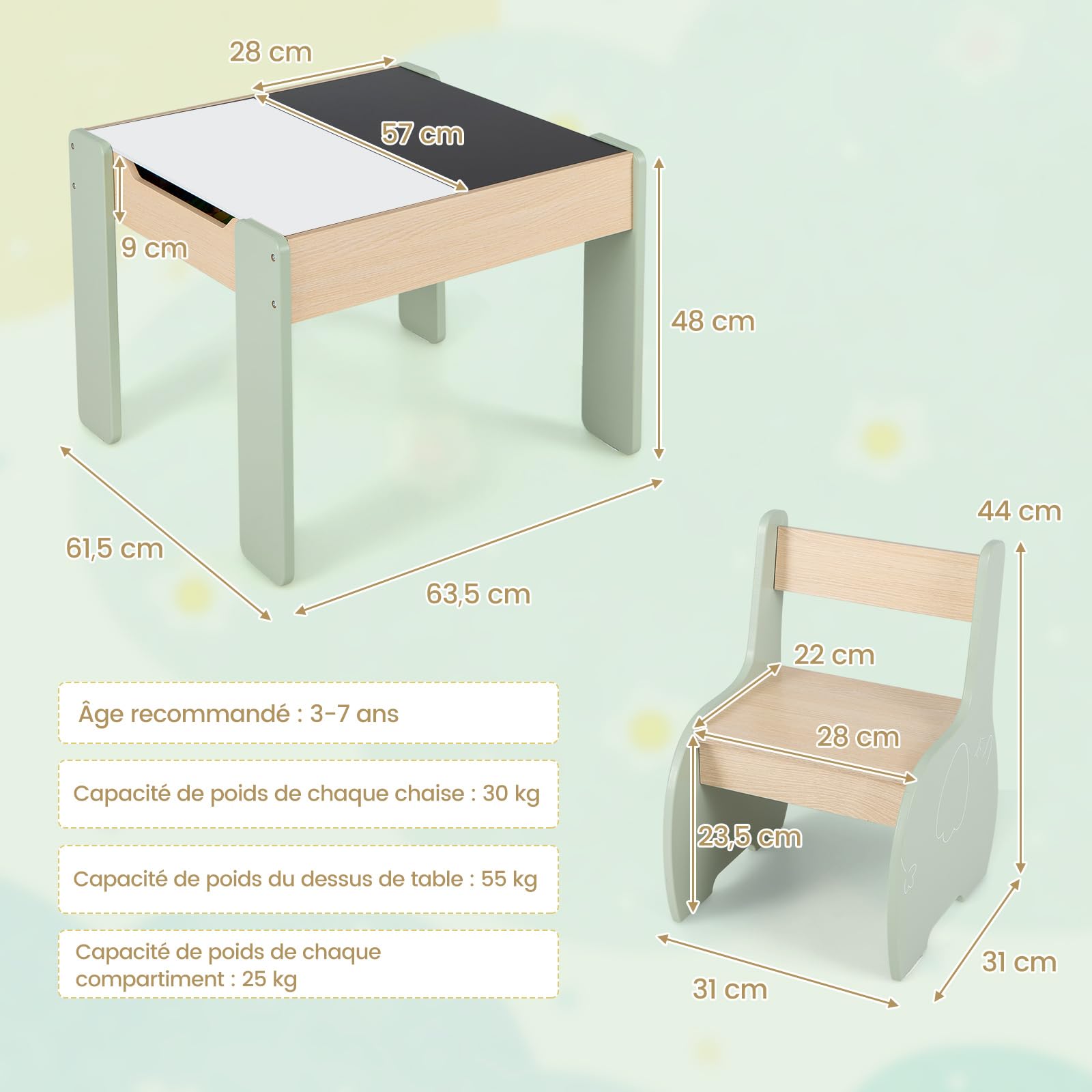 COSTWAY 4 en 1 Table Enfants avec 2 Chaises en Forme d'Eléphant, Table et Chaises en Bois avec Tableau Amovible, Espace de Rangement, Bureau pour Dessiner Jouer, Charge 30kg pour 3-6 Ans (Vert)…