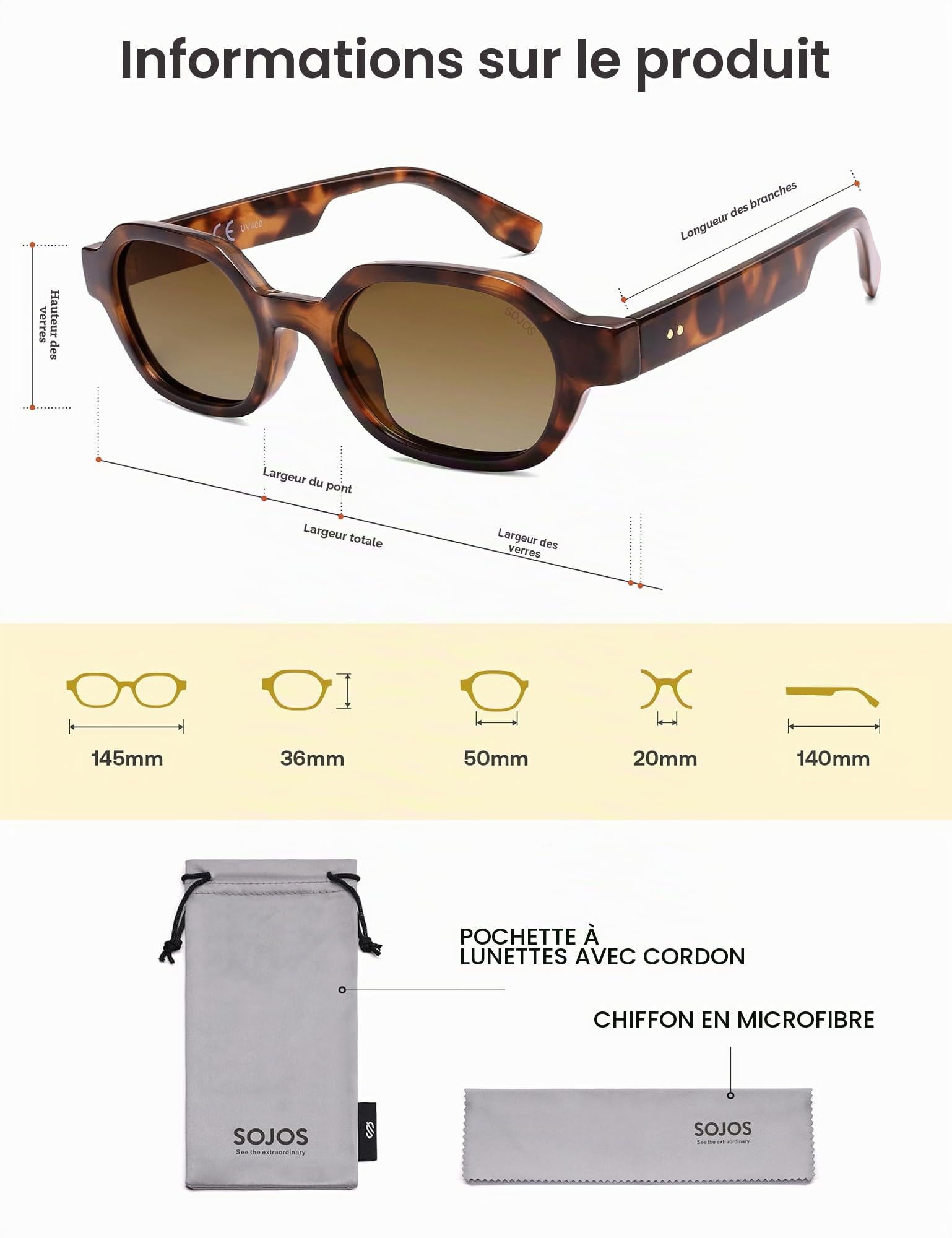 SOJOS Lunettes de soleil rétro polarisées Hexagonales Femmes Hommes Rectangle Lunettes de soleil tendance avec protection UV400 SJ2389