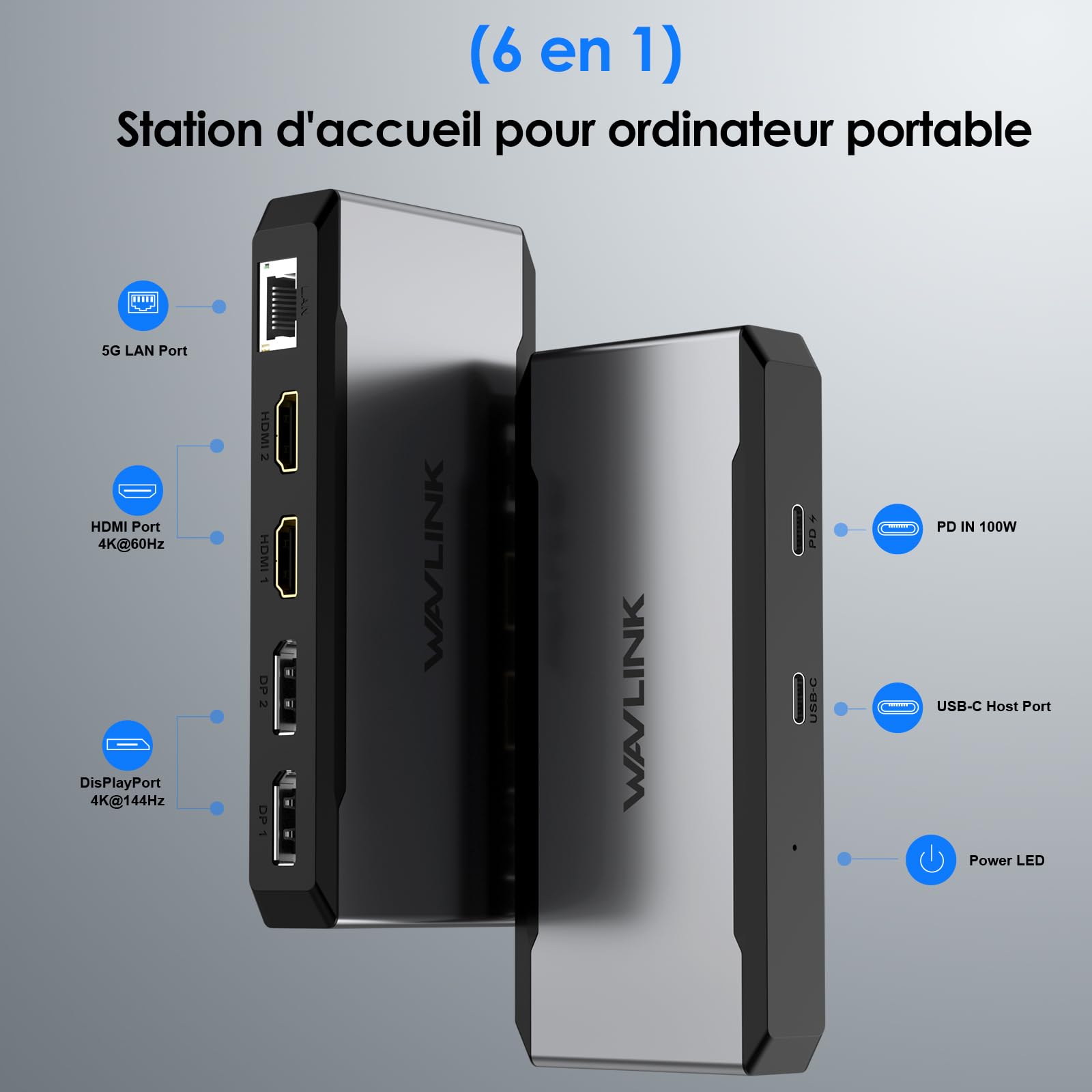 WAVLINK Station d'accueil USB C Double HDMI, Station d'accueil pour 4 moniteurs avec Double DP, 2 HDMI, entrée PD 100 W, Port Ethernet 5G pour Uniquement pour Ordinateurs Windows-Hôte USB 3.2 requis