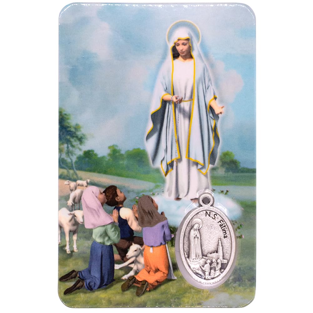 Holy Prayer Card with Built-In Medal Pendant | Laminated Full-Color Prayer Card | Great Variety | Great Christian Gift for First Communion and Confirmation (Our Lady of Fatima Prayer Card with Medal)