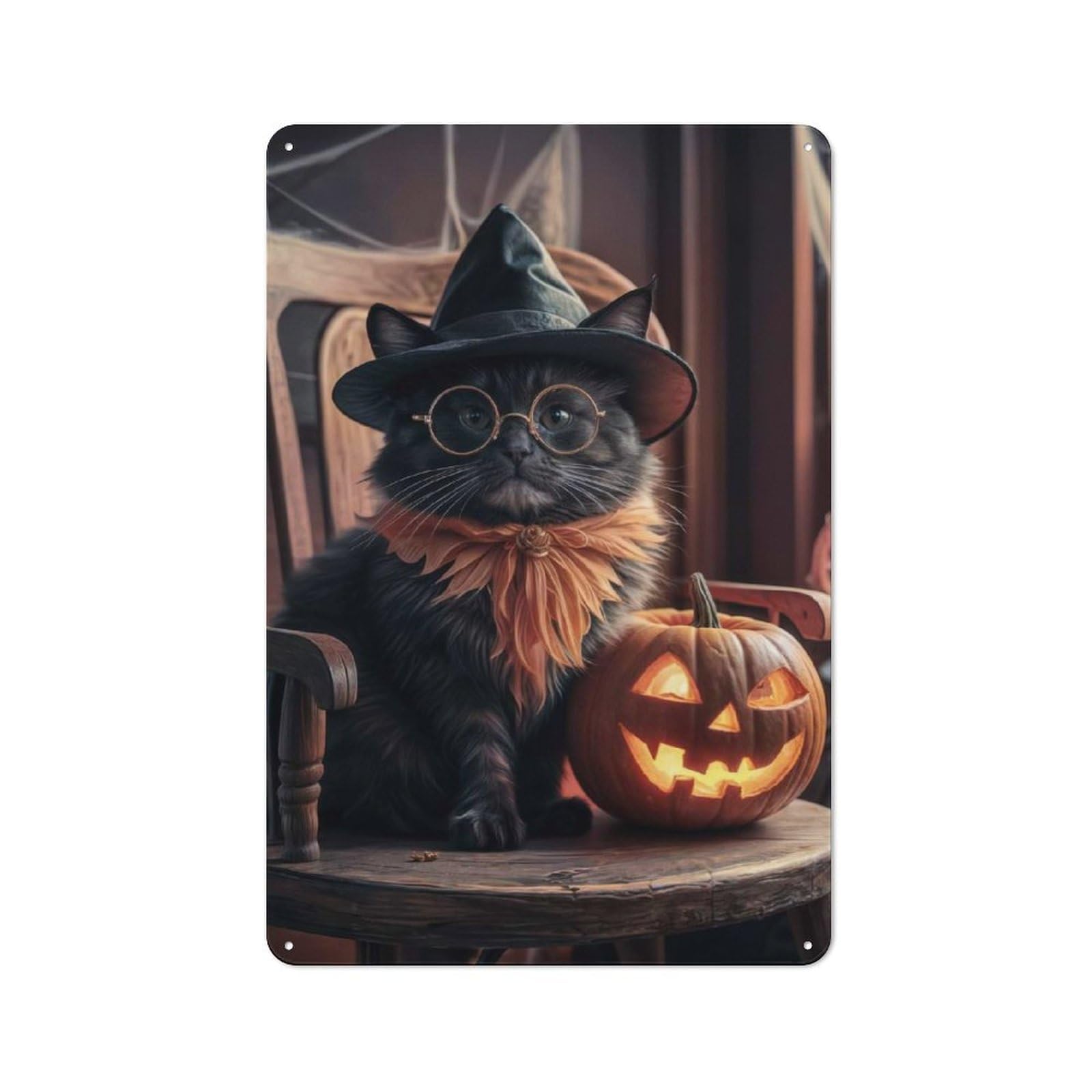 Junmoney Halloween Cat In Witch Hat Vintage Metal Wall Decor 30X20cm, Tin Wall Sign For Coffee Bar, Kitchen, Bistro Or Tea Corner