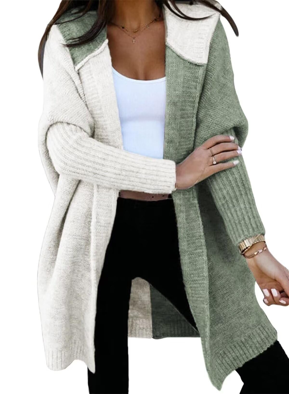 Astylish Women 2026 Fall Outfits Open Front Long Sleeve Hooded Knit Cardigan Sweaters Color Block Outwear Coats