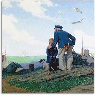 Norman, Rockwell Artist's Art《Old Man And Boy Looking At The Sea》Poster Picture Print Canvas Wall Paint Arts Decor Modern Home Artworks Gift Idea 16x16inch(40x40cm)