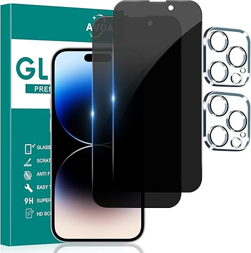 Paquete de 2+2 protectores de pantalla de privacidad para iPhone 14 Pro con protector de lente de cámara, accesorios de vidrio templado de pantalla