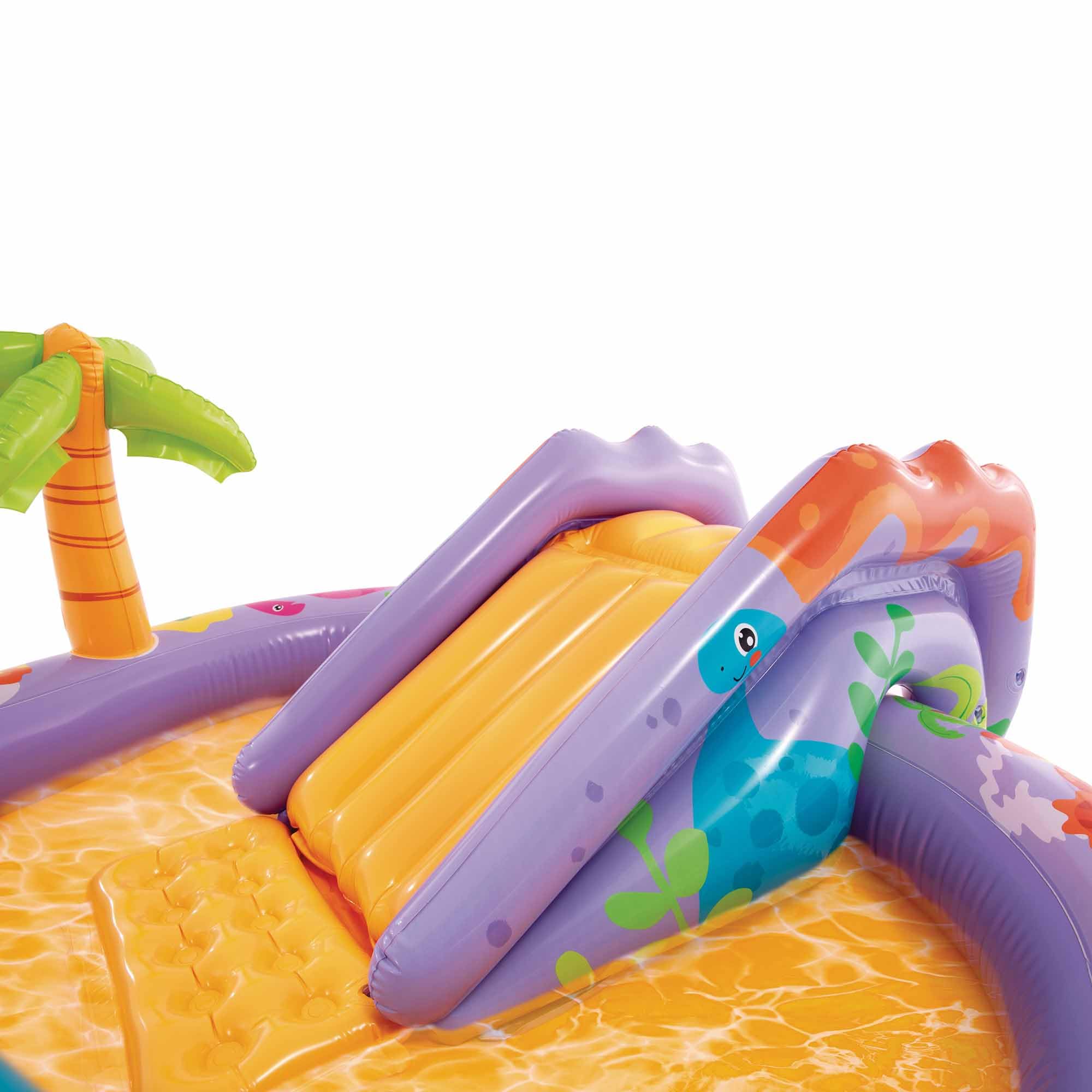 Intex Dino Park Wasserspielzentrum 201 x 157 x 69 cm aufblasbarer Dinosaurier Rutsche mit gepolstertem Boden Wassersprüher Kugelset max. 54 kg ab 2 Jahren