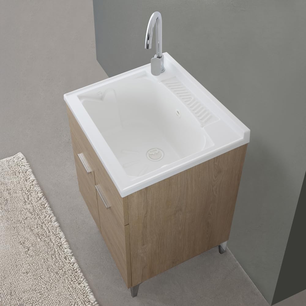 Mobile Lavatoio 60X50 Cm Con Vasca In Resina Bianca, Asse Lavapanni, Struttura In Legno Nobilitato Rovere Con Un’Anta Apribile Mediante Maniglia Cromata, Già Montato Con Kit Di Scarico Incluso