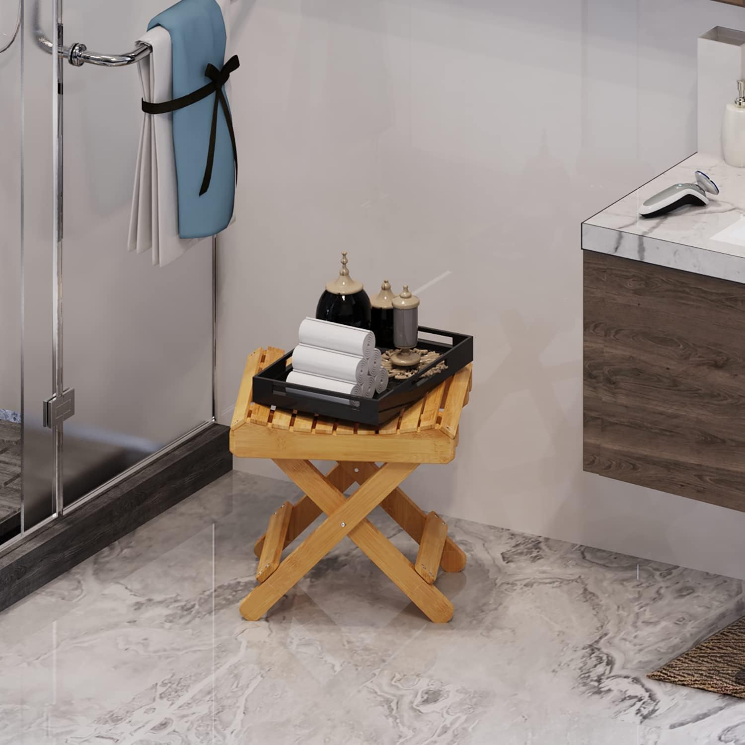 🔥 Hot Deals ETECHMART 12 Inch Folding Bamboo Step Stool for Shower, Leg Shaving and Foot Rest, Fully Assembled Wooden Spa Bath Chair for Adults Kids Disabled Women Elderly, Natural