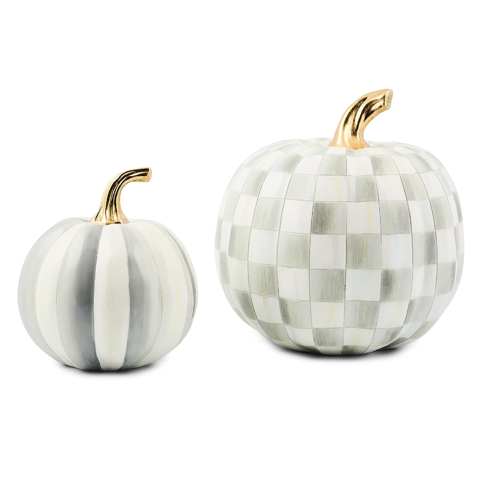 MACKENZIE-CHILDS Set of 2 Pumpkins, Resin Halloween and Fall Decor, Small and Medium, Gray-and-White Sterling Stripe and Check
