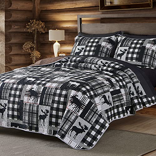 Umchord Cabin Quilt Sets Queen, Christmas Patchwork Rustic Lodge Deer Quilt Bedding Set, All Season Lightweight Reversible Bedspread Coverlet With 2 Pillow Shams (Black, Queen) #TOP9